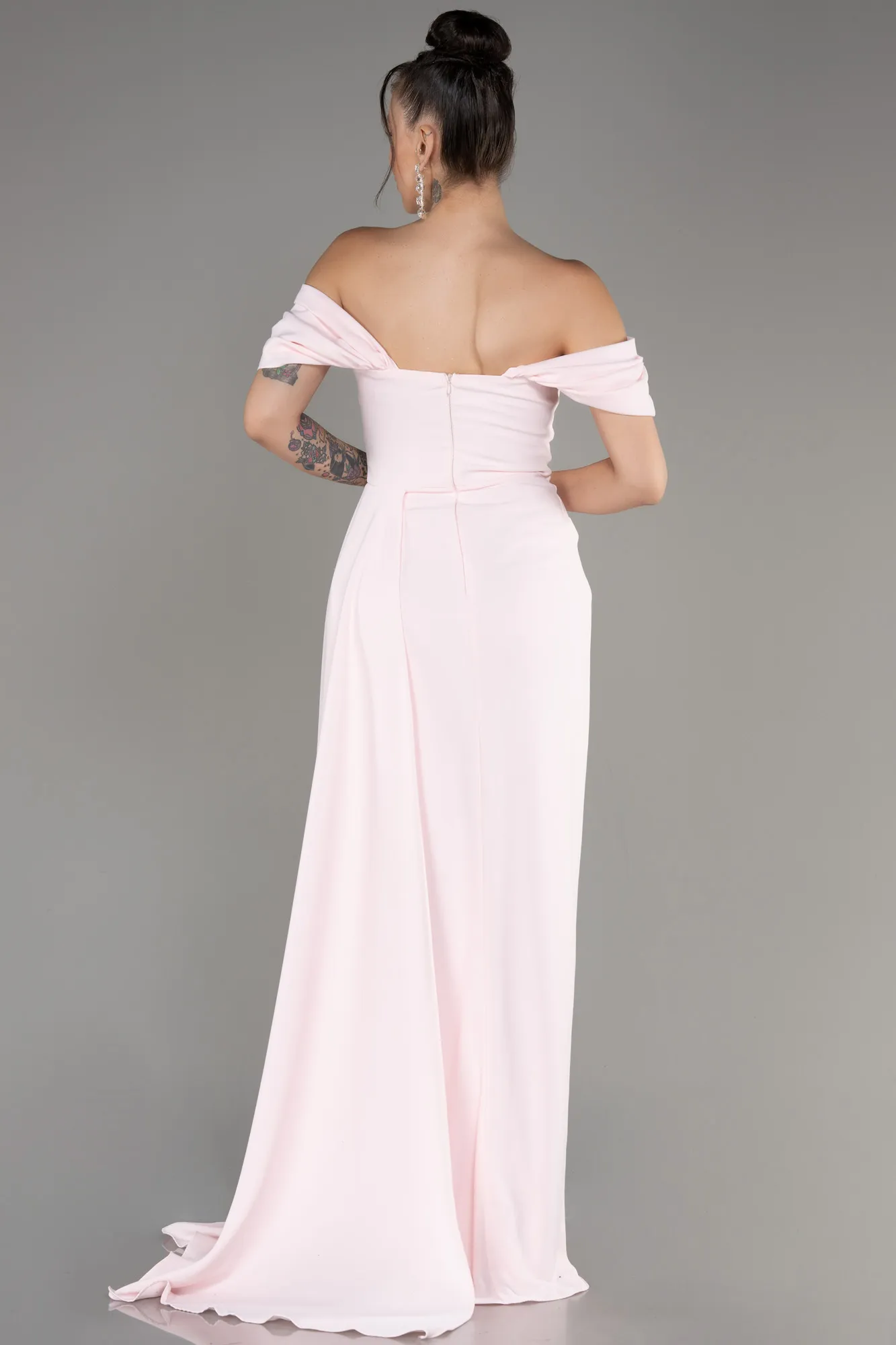 Powder Color-Boat Neck Slit Long Evening Dress ABU4048