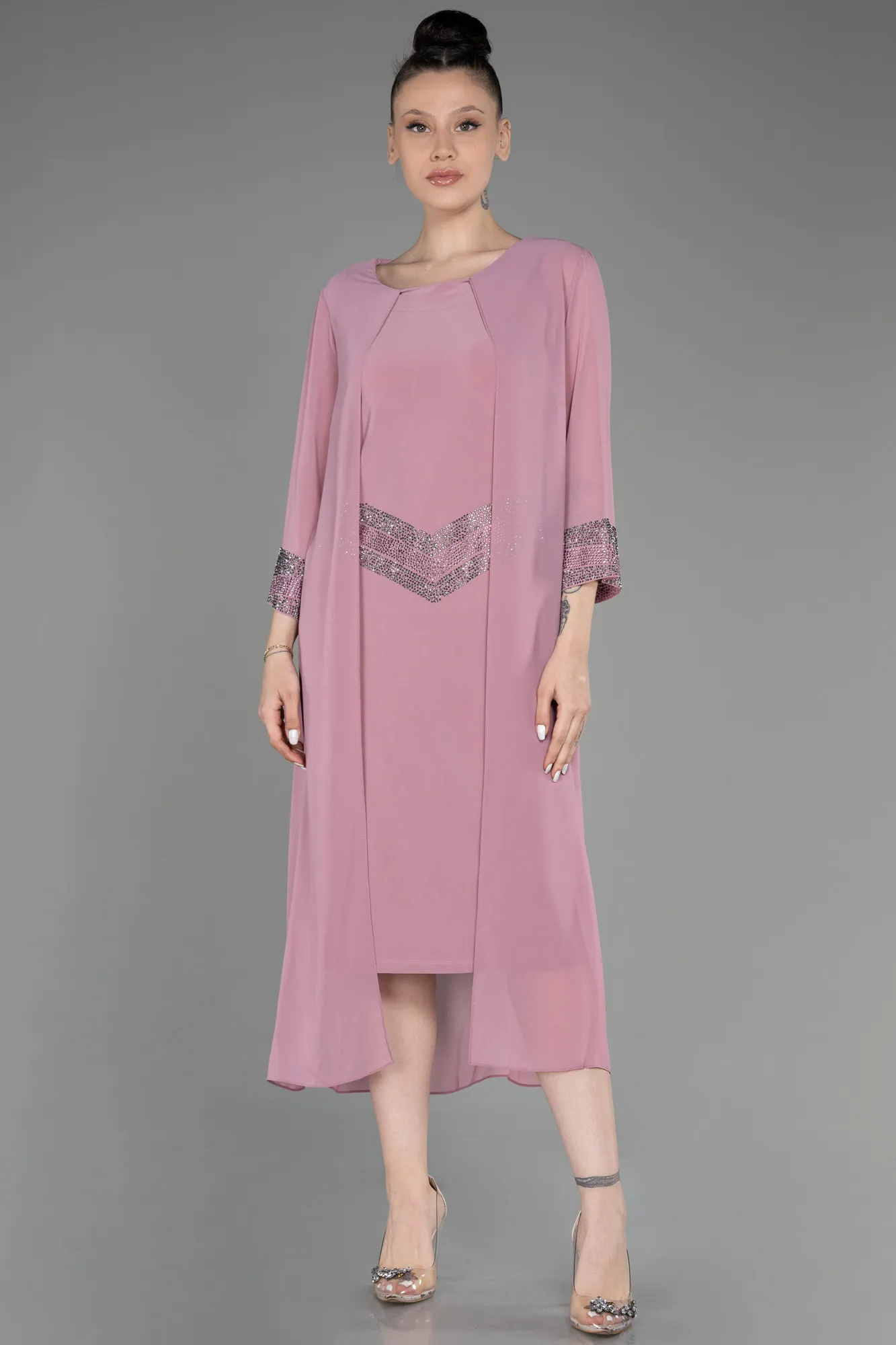 Powder Color-Capri Sleeve Midi Chiffon Plus Size Invitation Dress ABK2061