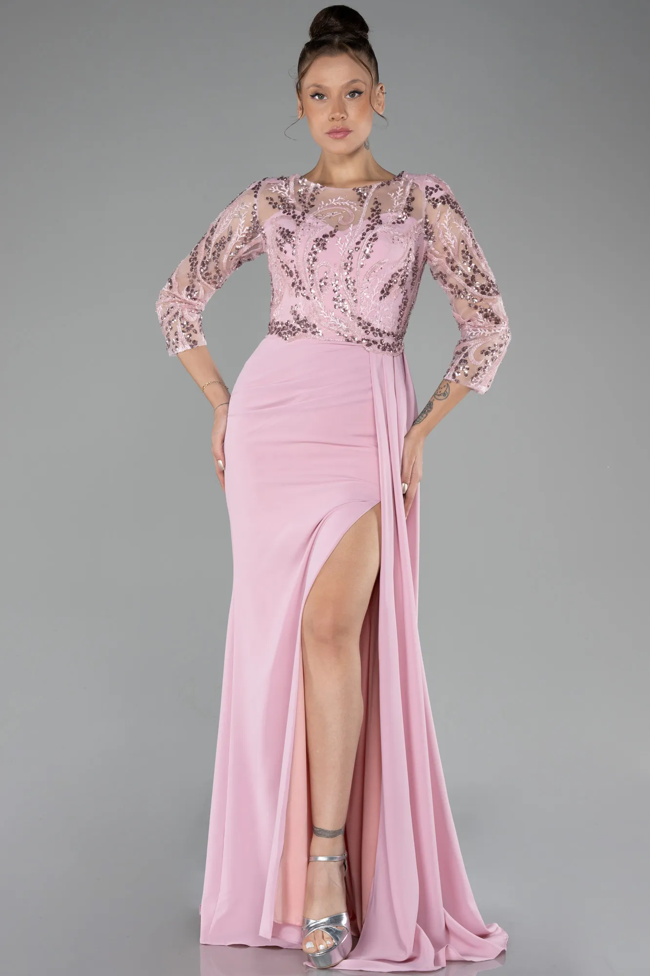 Powder Color-Embroidered Capri Sleeve Slit Chiffon Evening Gown ABU4293