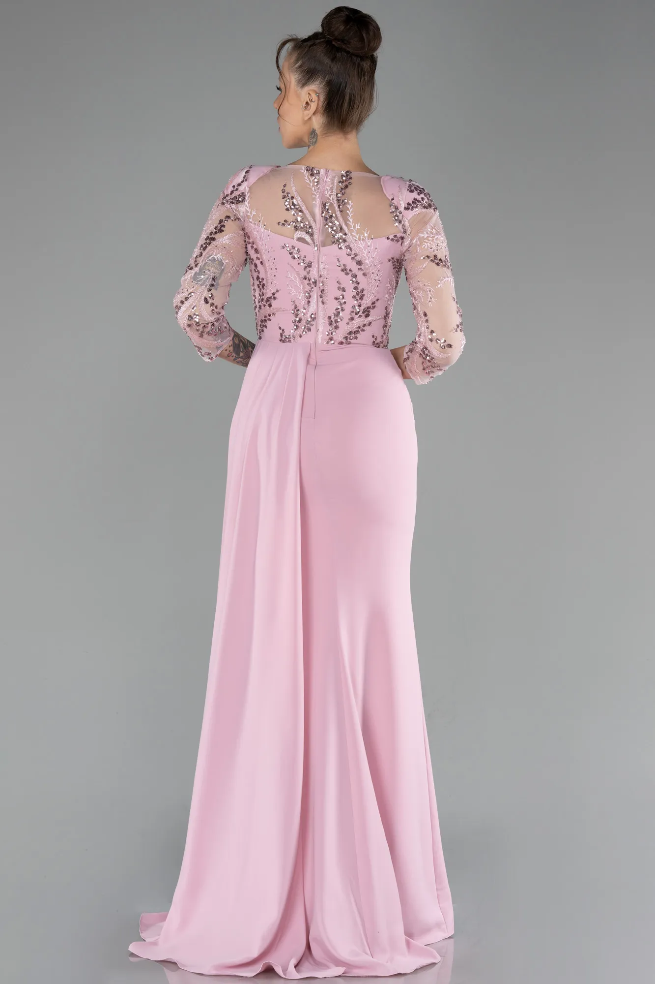 Powder Color-Embroidered Capri Sleeve Slit Chiffon Evening Gown ABU4293