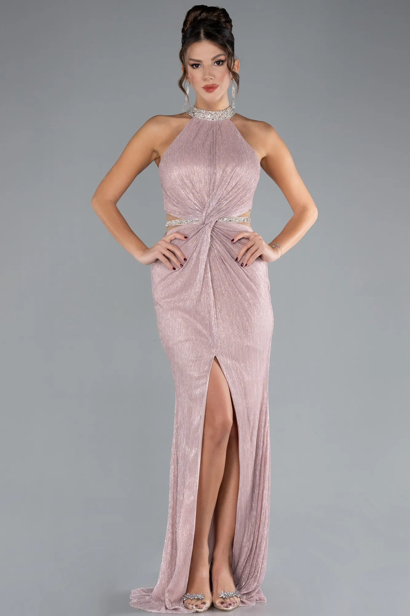 Powder Color-Halter Neck Slit Long Evening Gown ABU4324