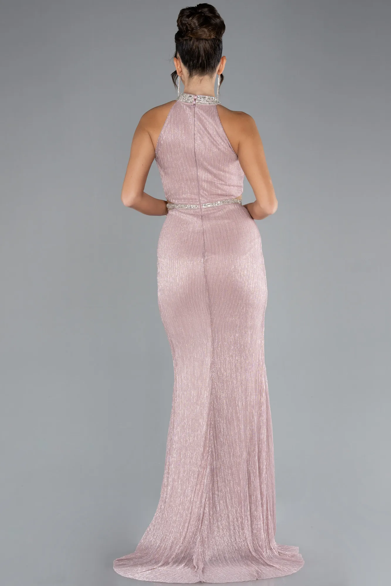 Powder Color-Halter Neck Slit Long Evening Gown ABU4324