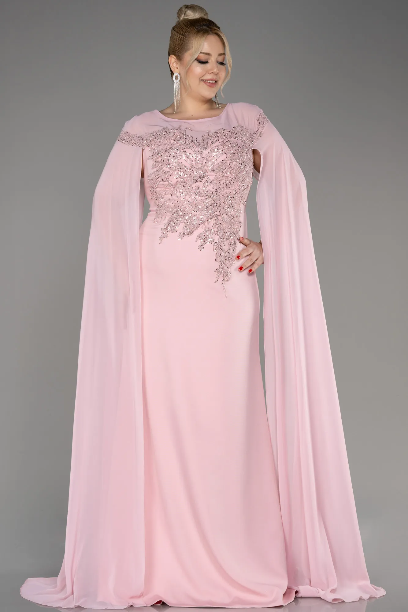 Powder Color-Long Chiffon Sleeve Plus Size Evening Dress ABU3913