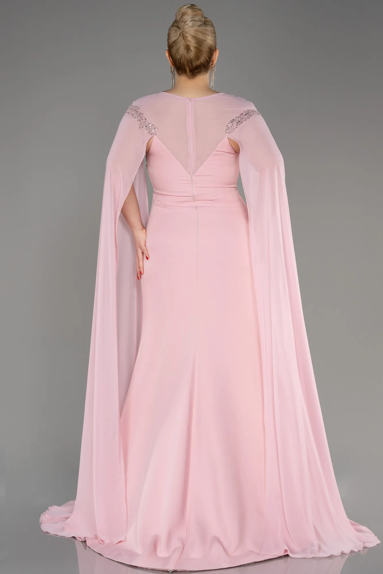 Powder Color-Long Chiffon Sleeve Plus Size Evening Dress ABU3913