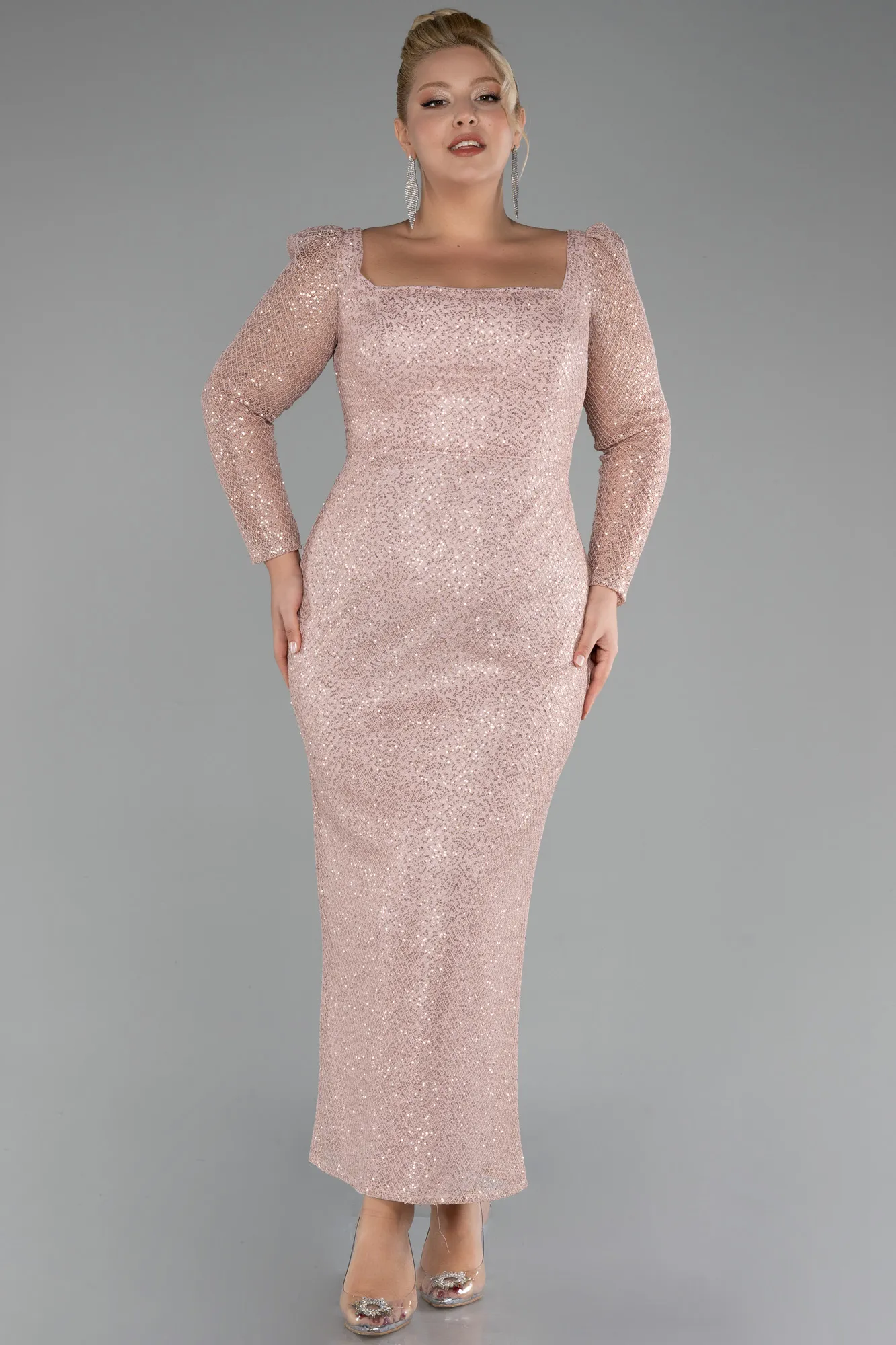 Powder Color-Long Sleeve Sequin Midi Plus Size Evening Dress ABK2138