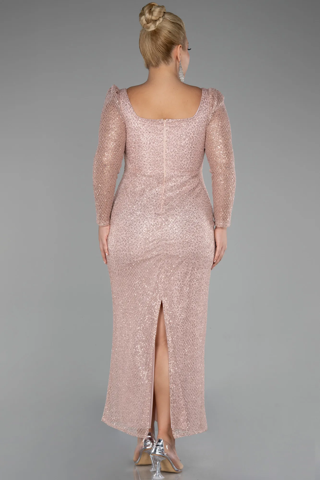 Powder Color-Long Sleeve Sequin Midi Plus Size Evening Dress ABK2138