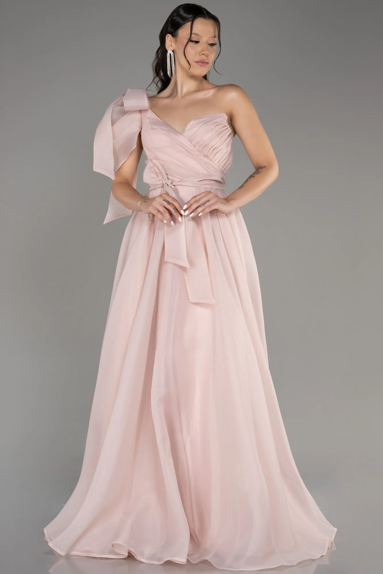 Powder Color-One Shoulder Long Ball Gown Dress ABU3984