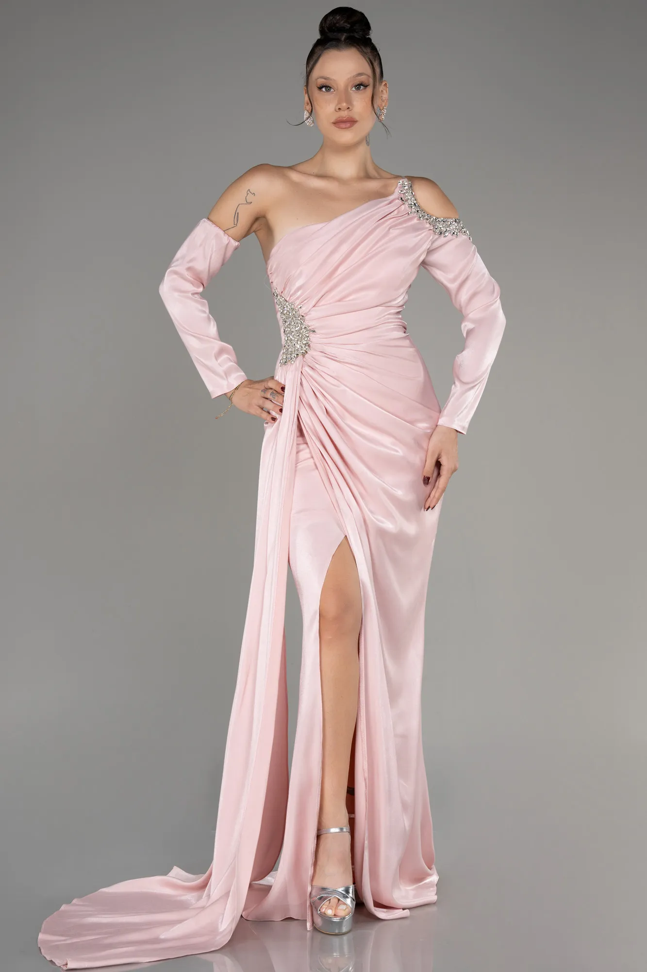 Powder Color-One Sleeve Long Formal Evening Dress ABU3976