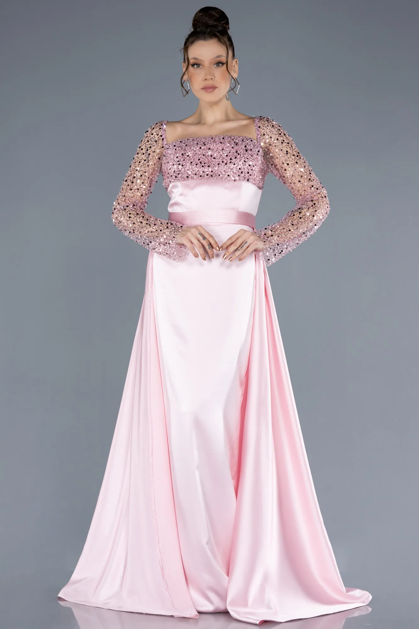 Powder Color-Scaly Long Sleeve Satin Tail Evening Gown ABU4583