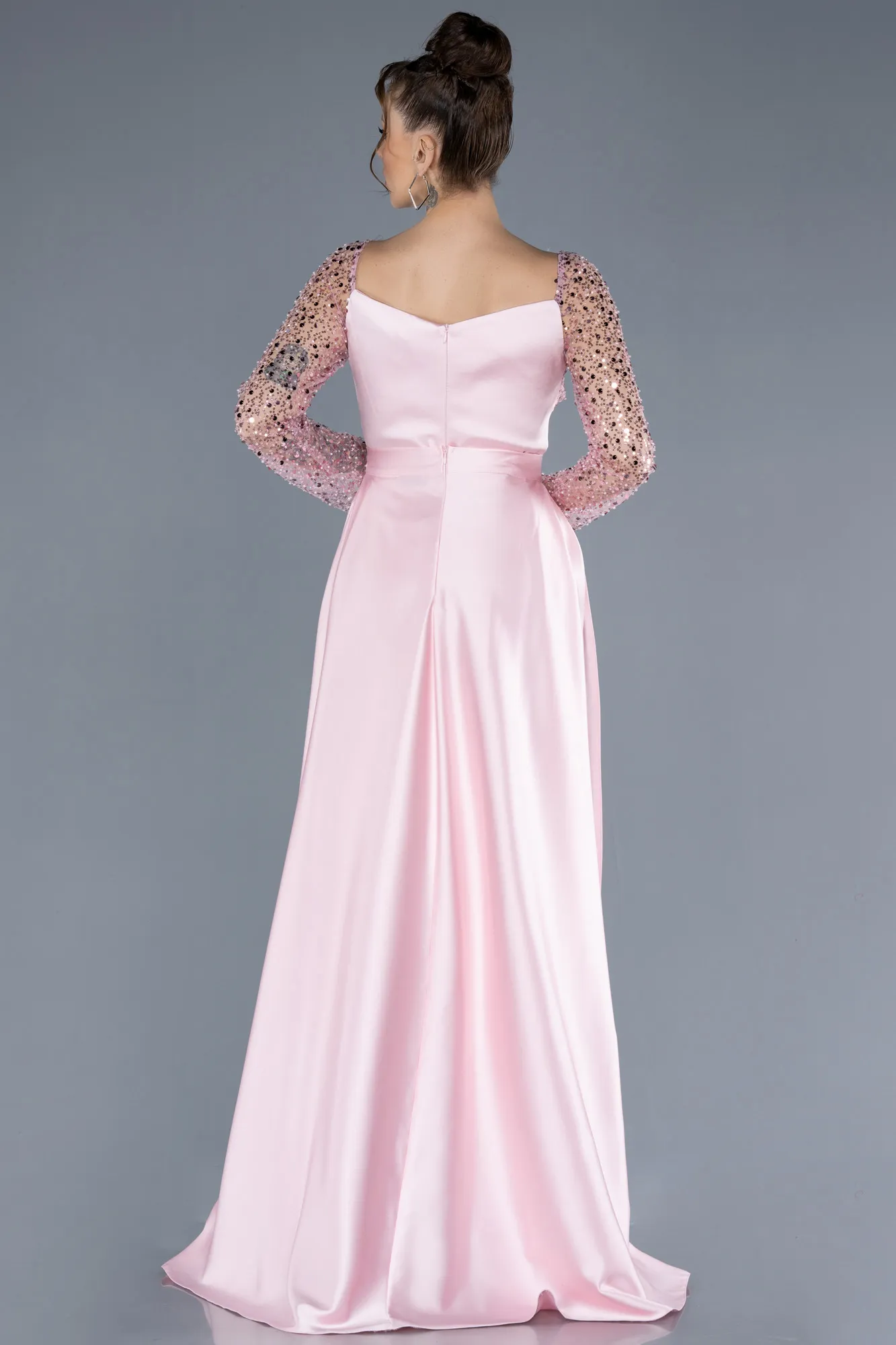 Powder Color-Scaly Long Sleeve Satin Tail Evening Gown ABU4583