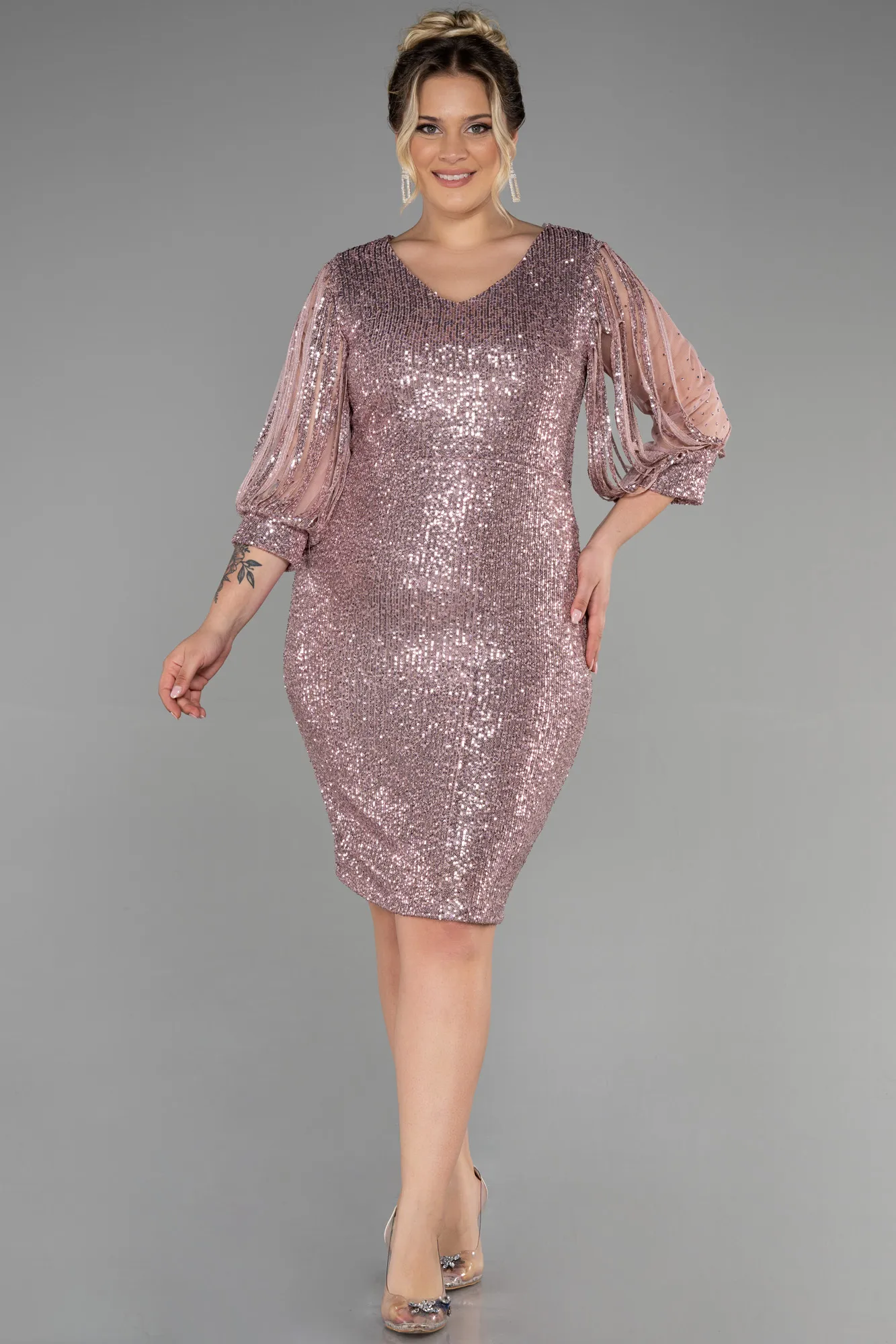 Powder Color-Short Plus Size Evening Dress ABK631