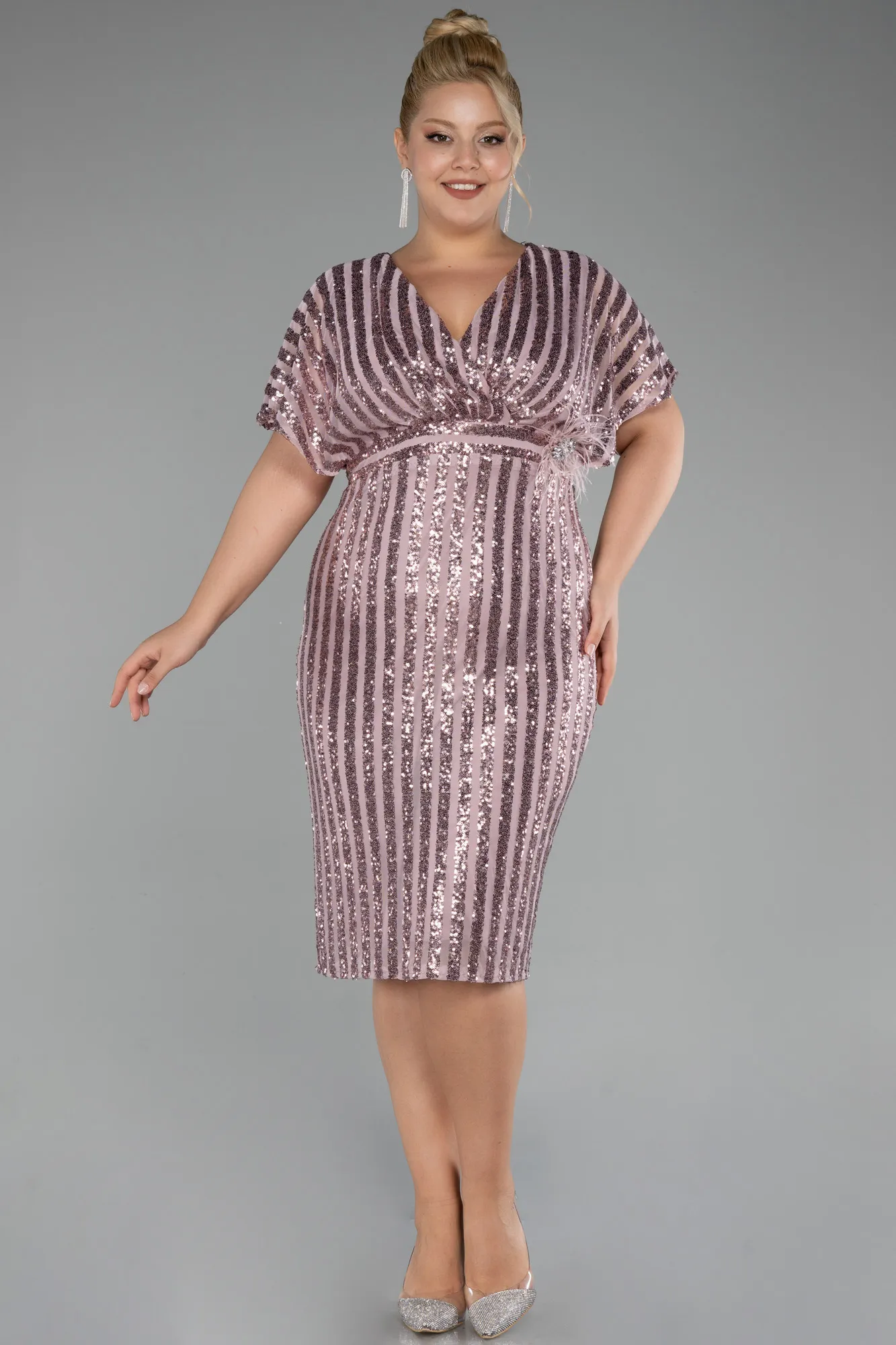 Powder Color-Short Sleeve Scaly Midi Plus Size Cocktail Dress ABK2104