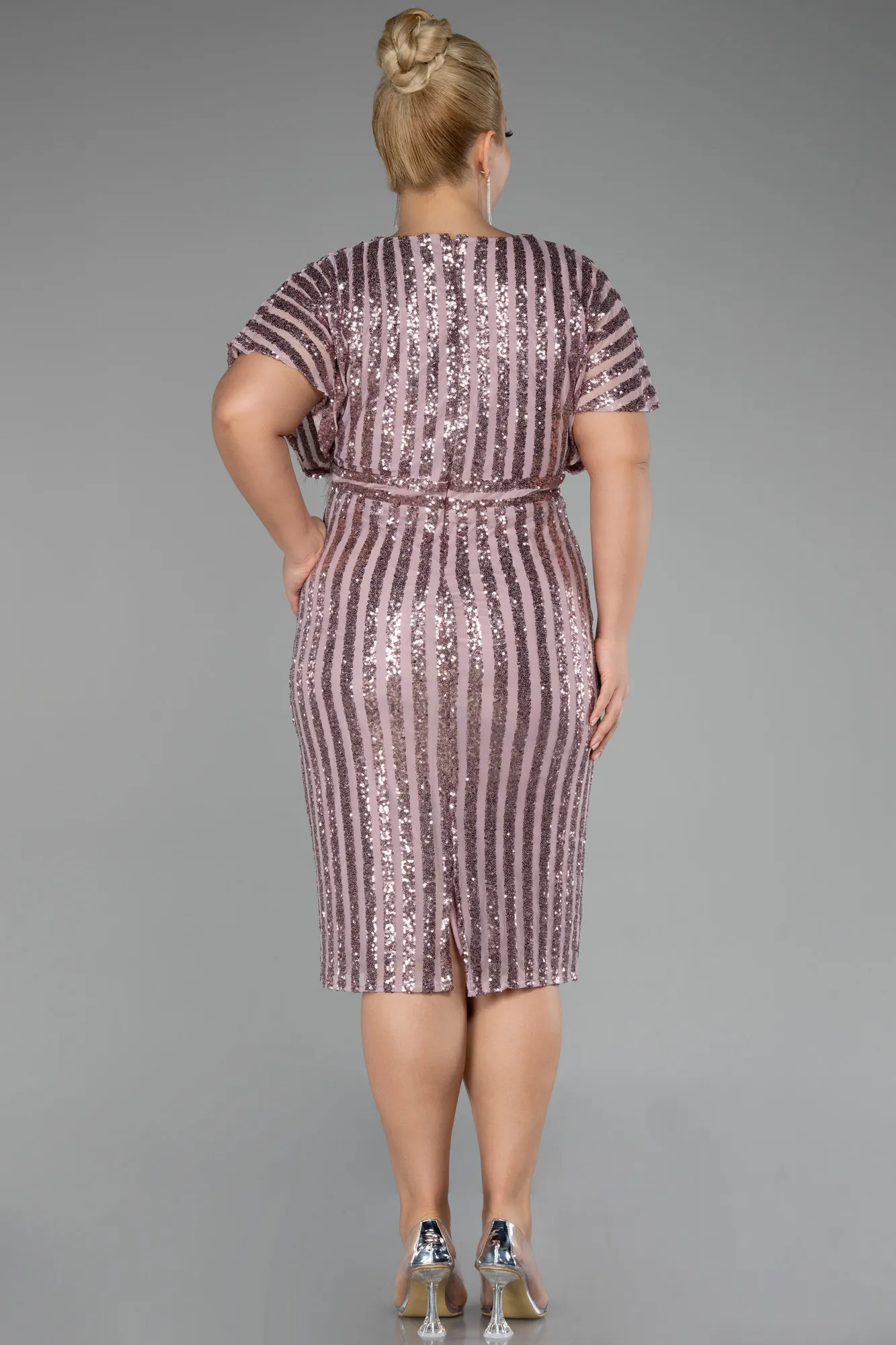 Powder Color-Short Sleeve Scaly Midi Plus Size Cocktail Dress ABK2104