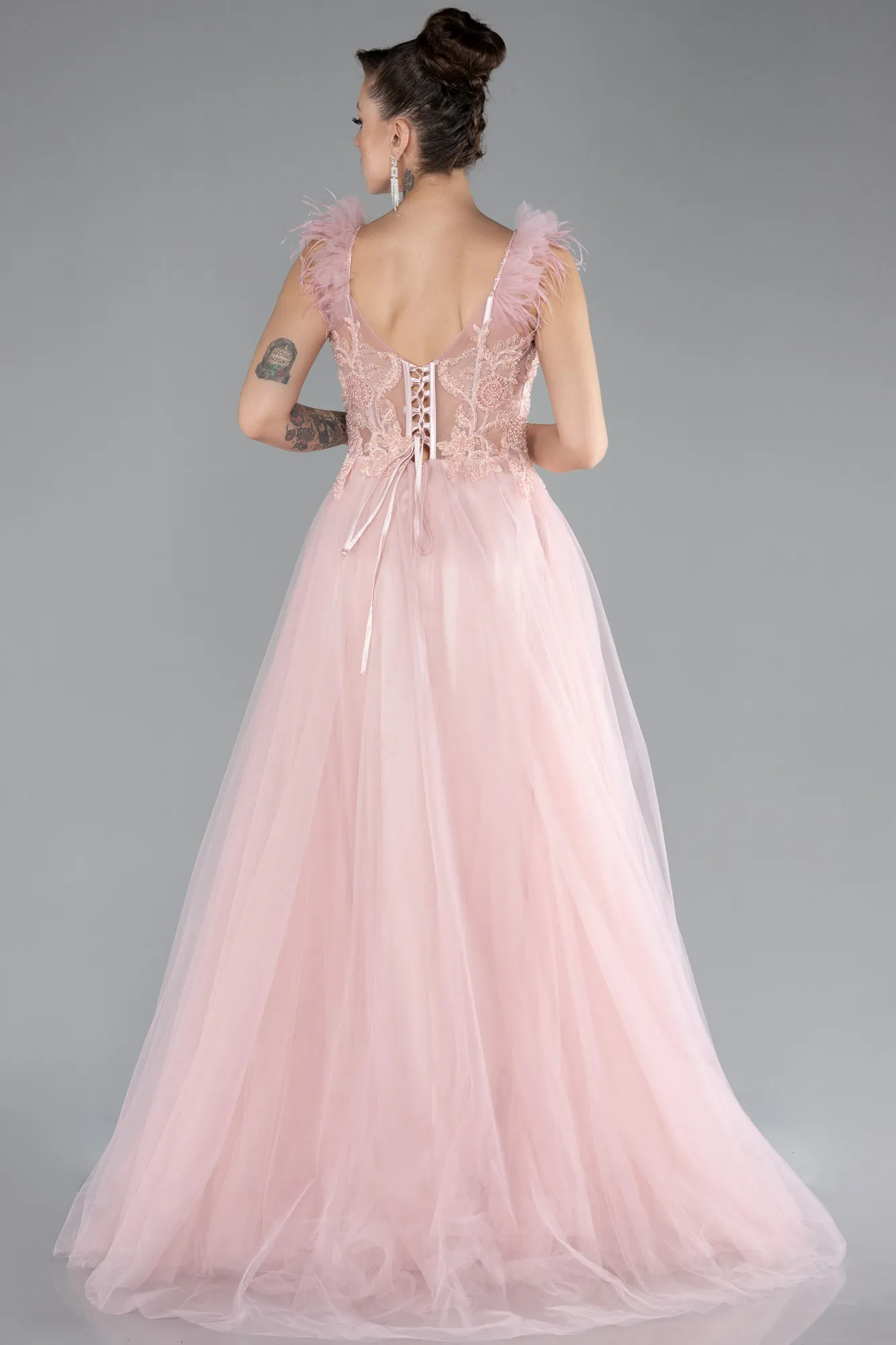 Powder Color-Sleeveless Beaded Long Tulle Prom Dress ABU4491