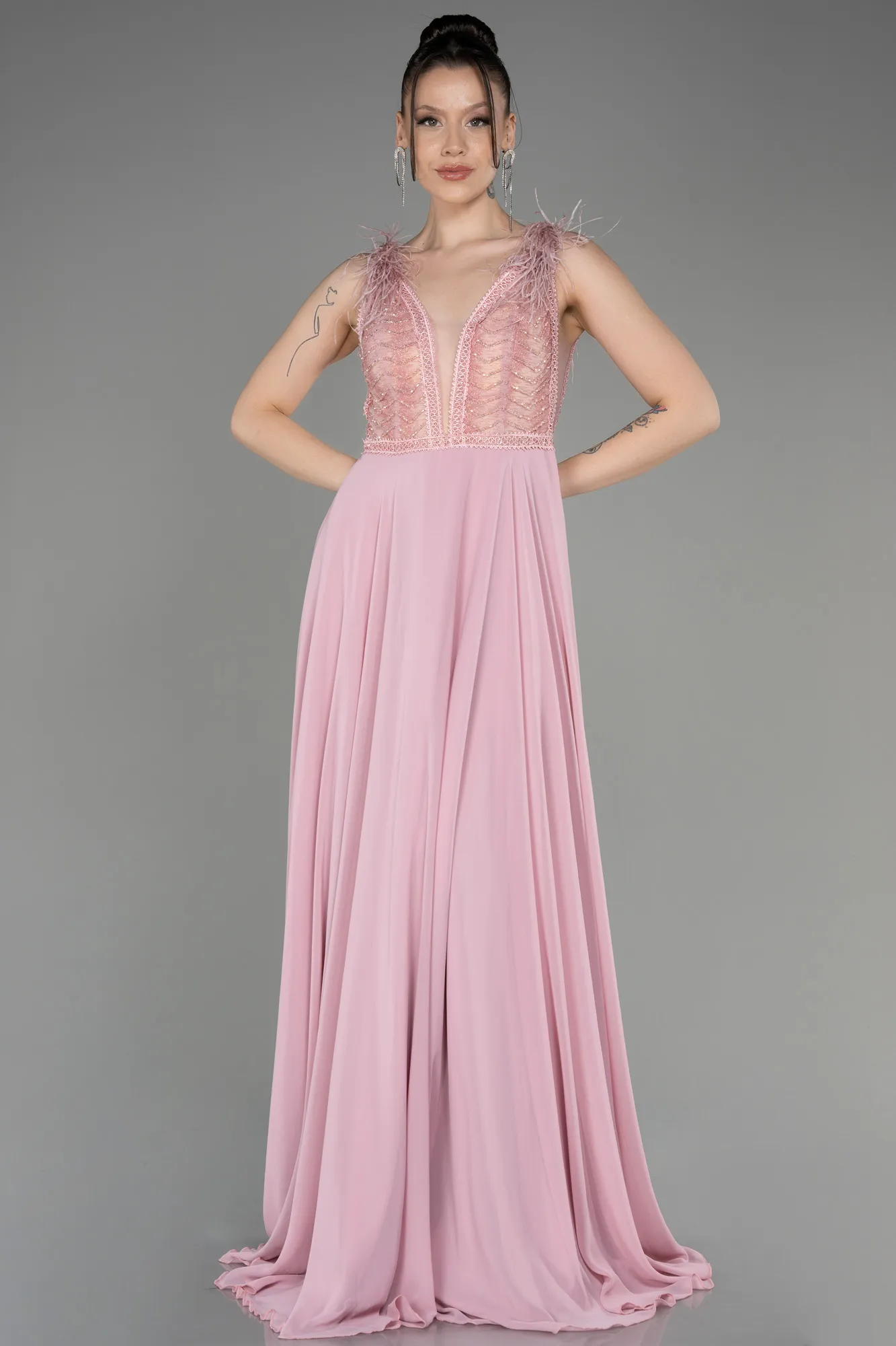 Powder Color-Sleeveless Long Chiffon Evening Dress ABU3856