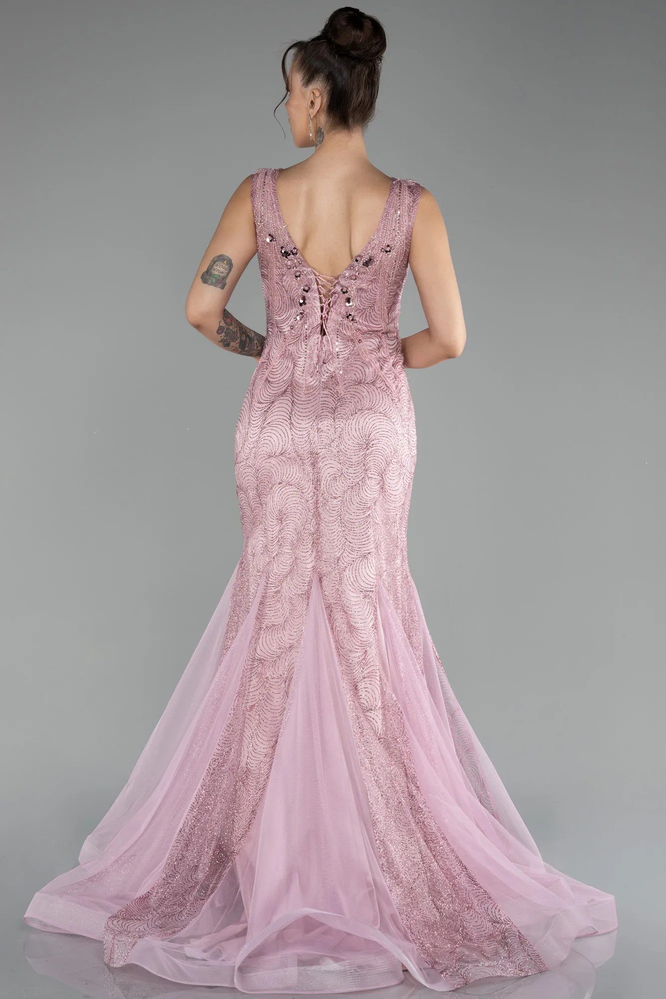 Powder Color-Sleeveless Stoned Long Evening Gown ABU4170