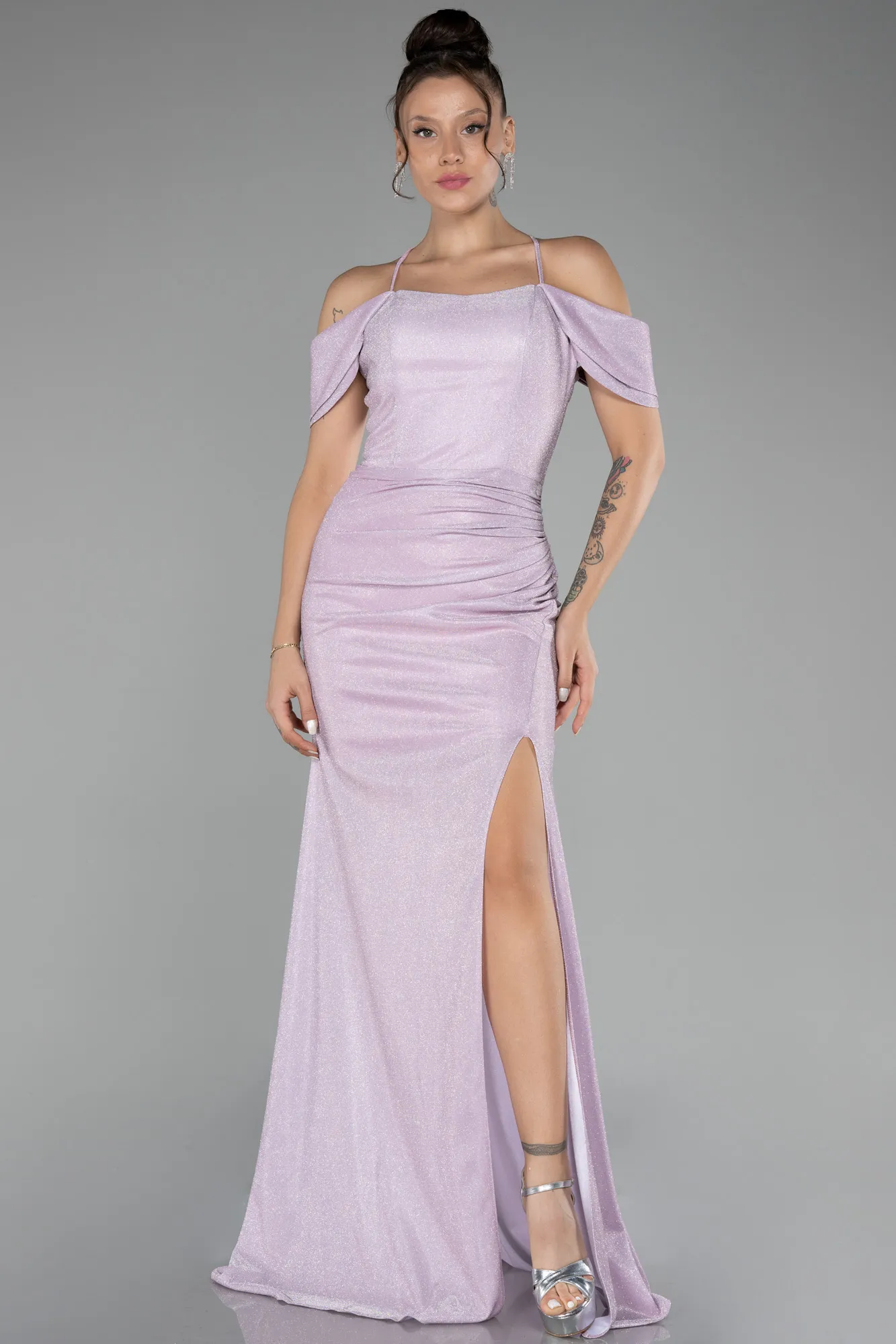 Powder Color-Slit Long Glitter Evening Dress ABU4212