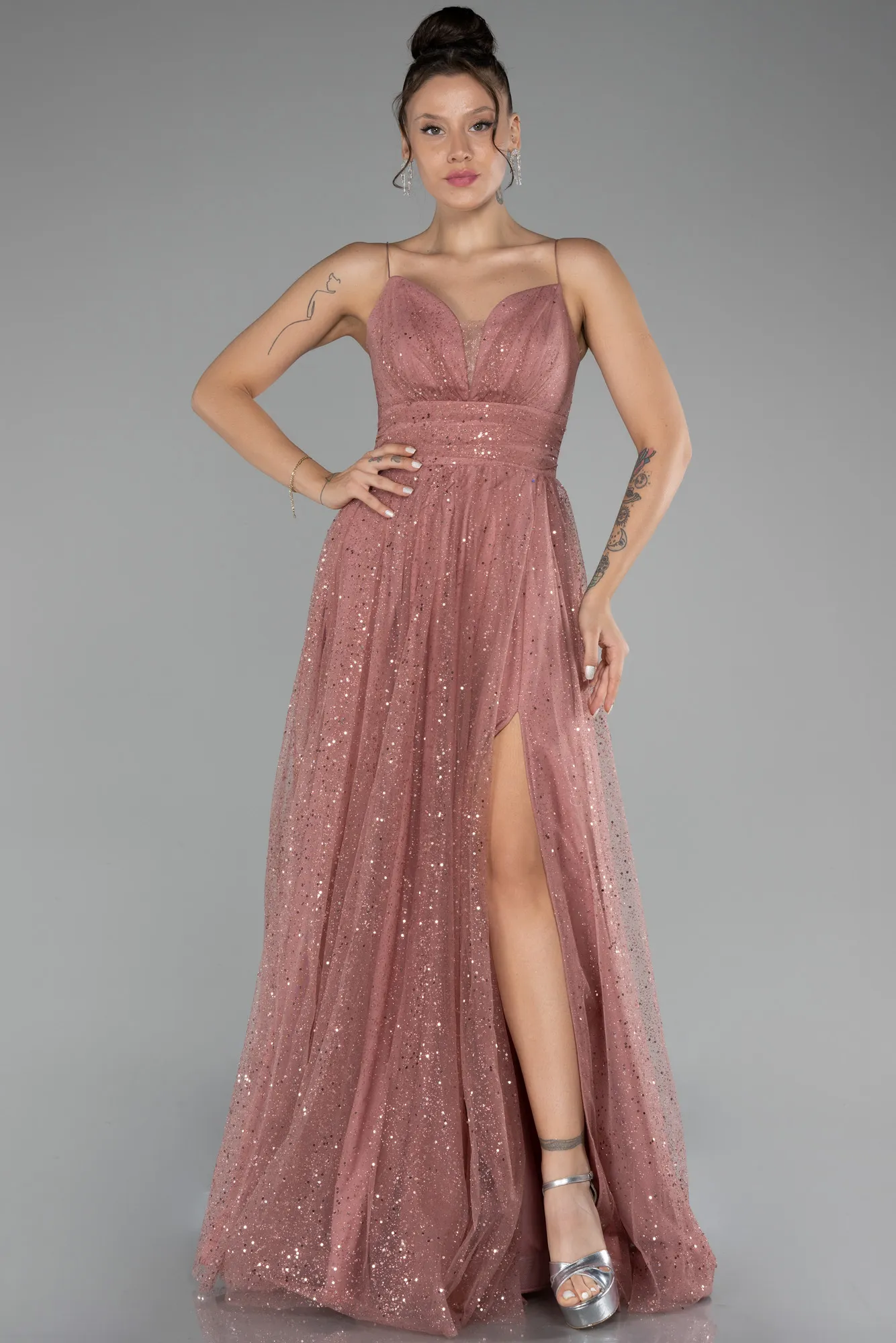 Powder Color-Slit Long Glitter Prom Gown ABU4152