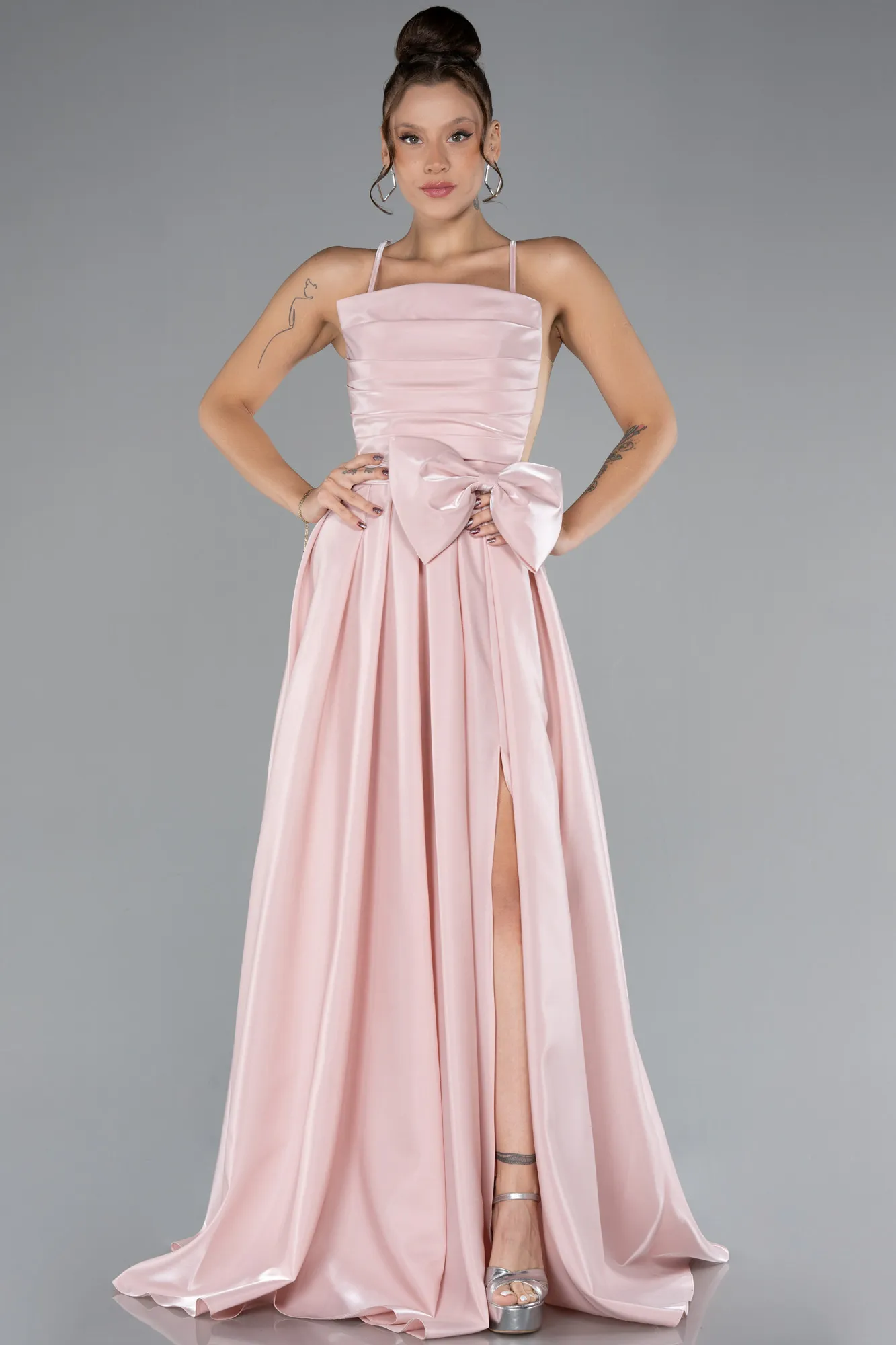 Powder Color-Slit Long Satin Prom Dress ABU4298