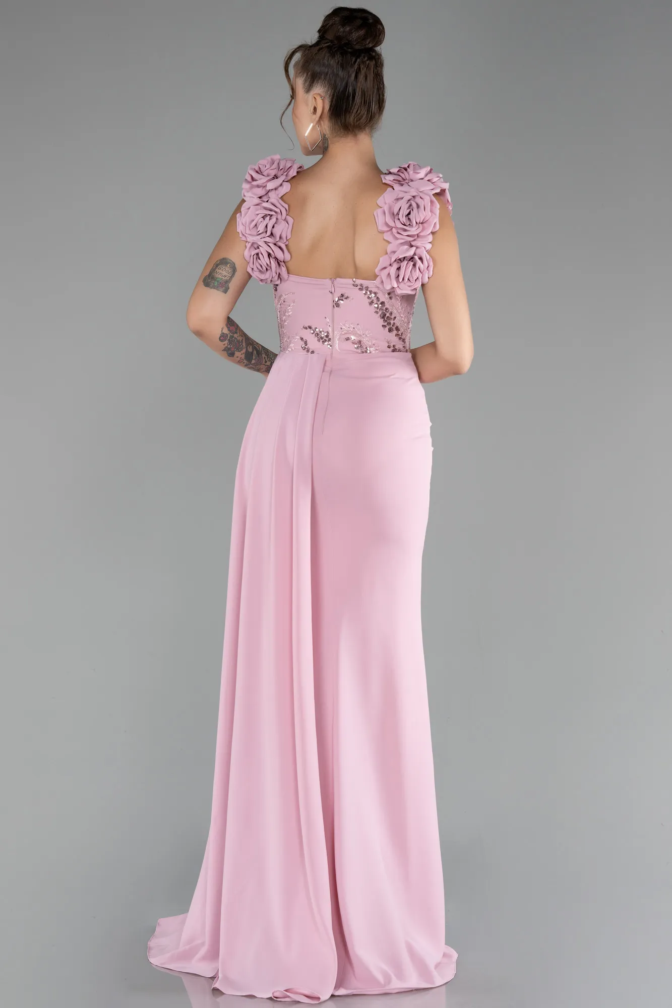 Powder Color-Slit Strap Flowers Long Chiffon Evening Gown ABU4272