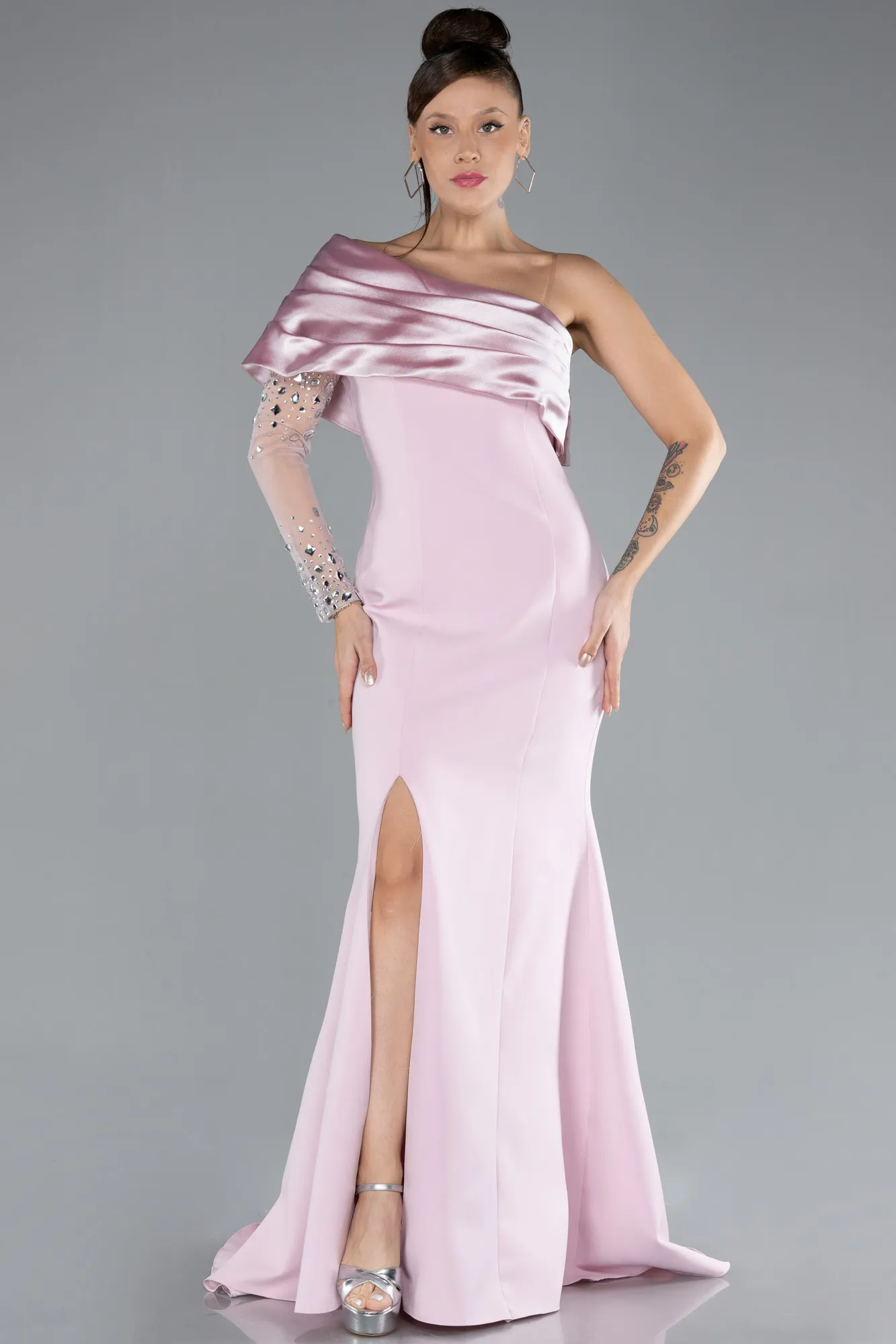 Powder Color-Stoned Single Sleeve Slit Long Mermaid Prom Dress ABU4350