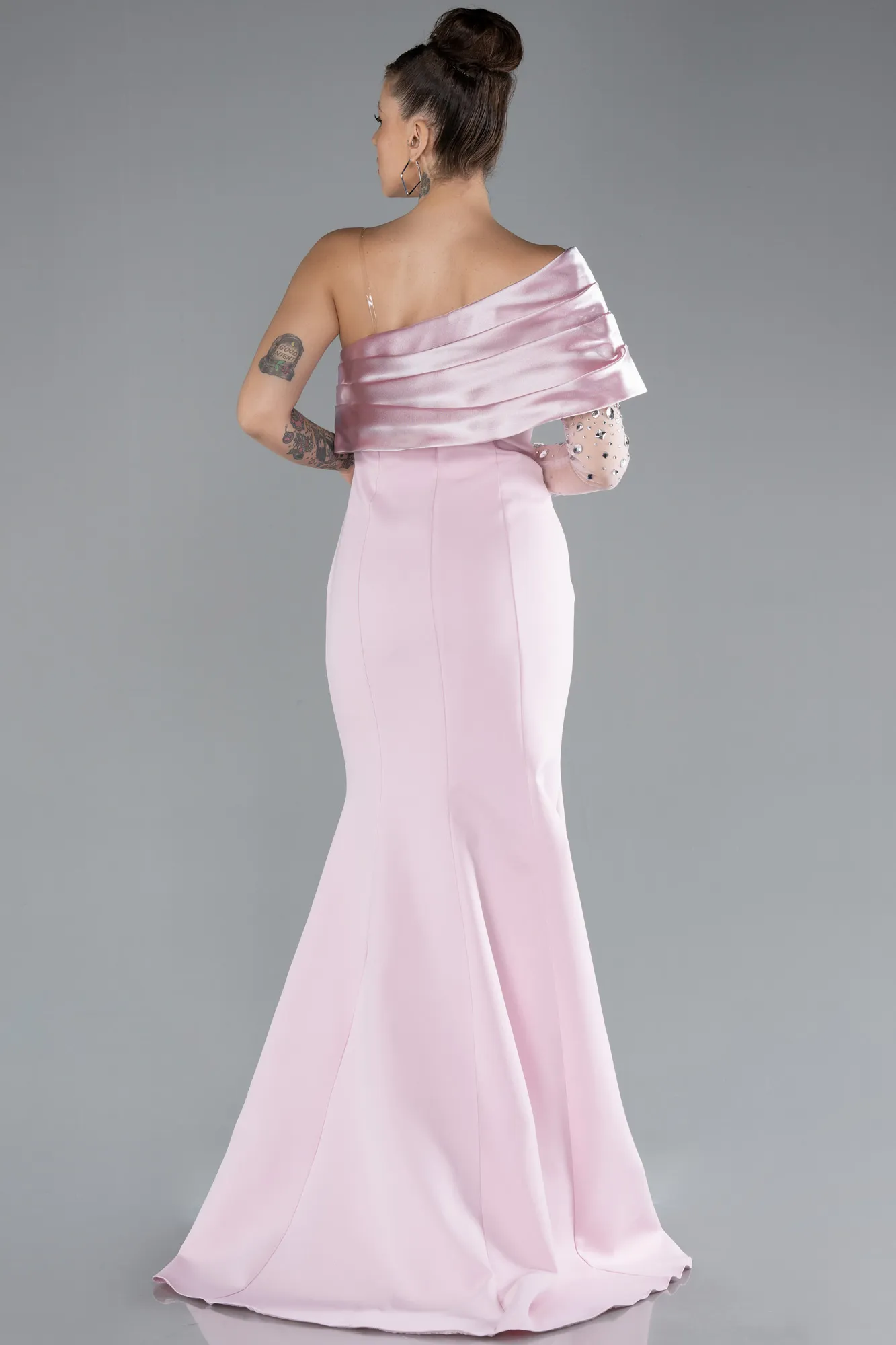 Powder Color-Stoned Single Sleeve Slit Long Mermaid Prom Dress ABU4350