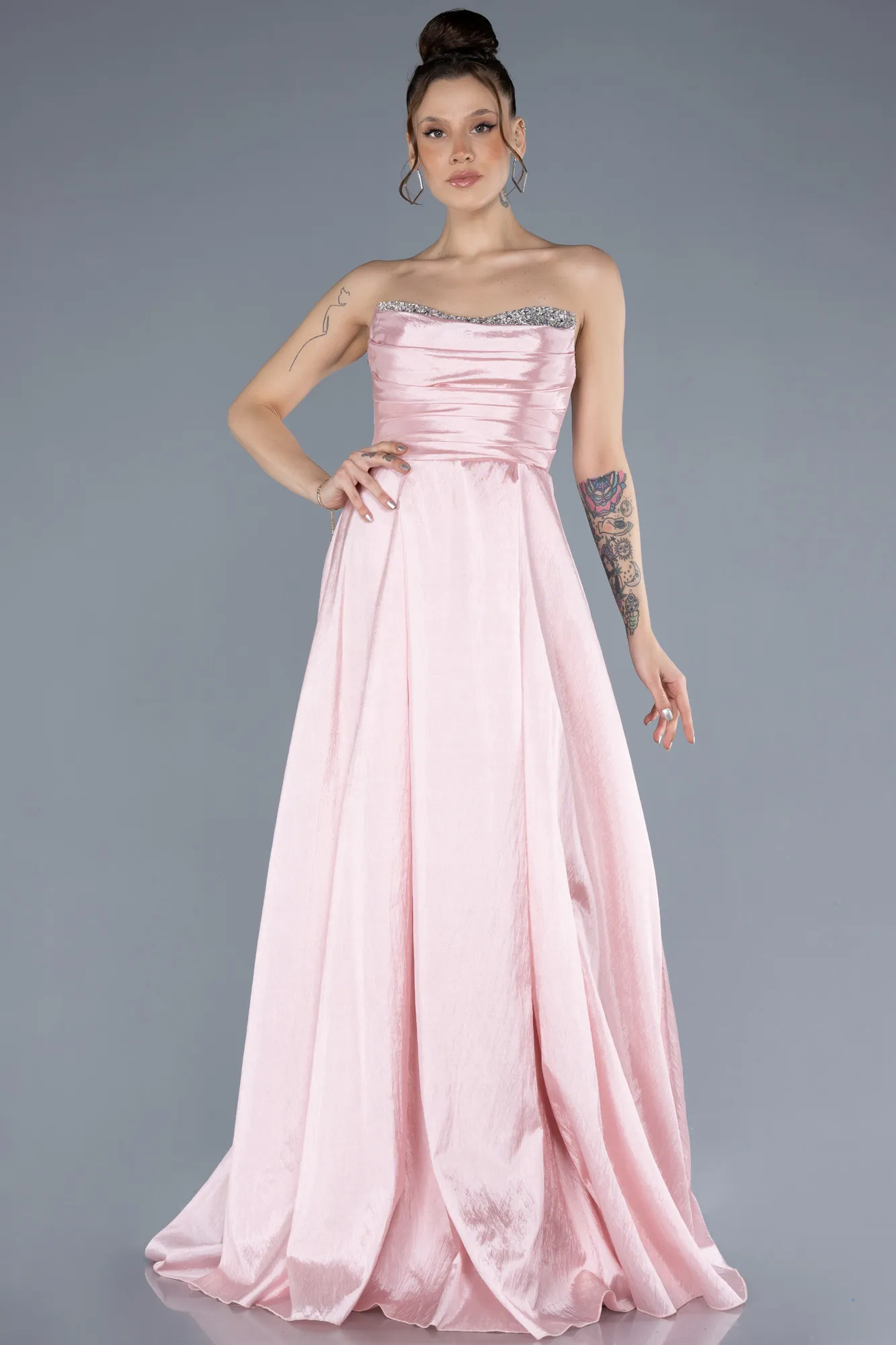 Powder Color-Stoned Strapless Long Taffeta Evening Gown ABU4579