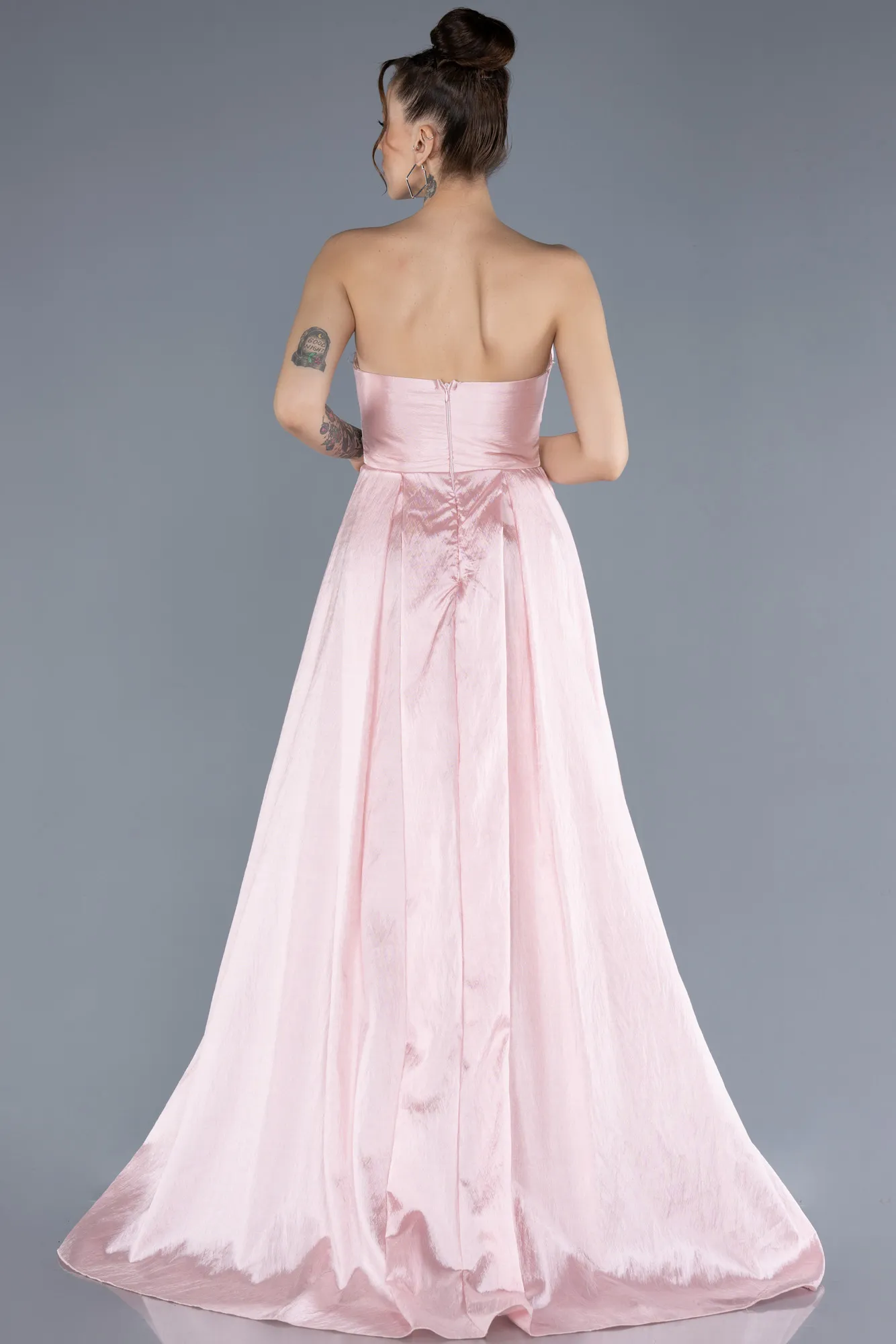 Powder Color-Stoned Strapless Long Taffeta Evening Gown ABU4579