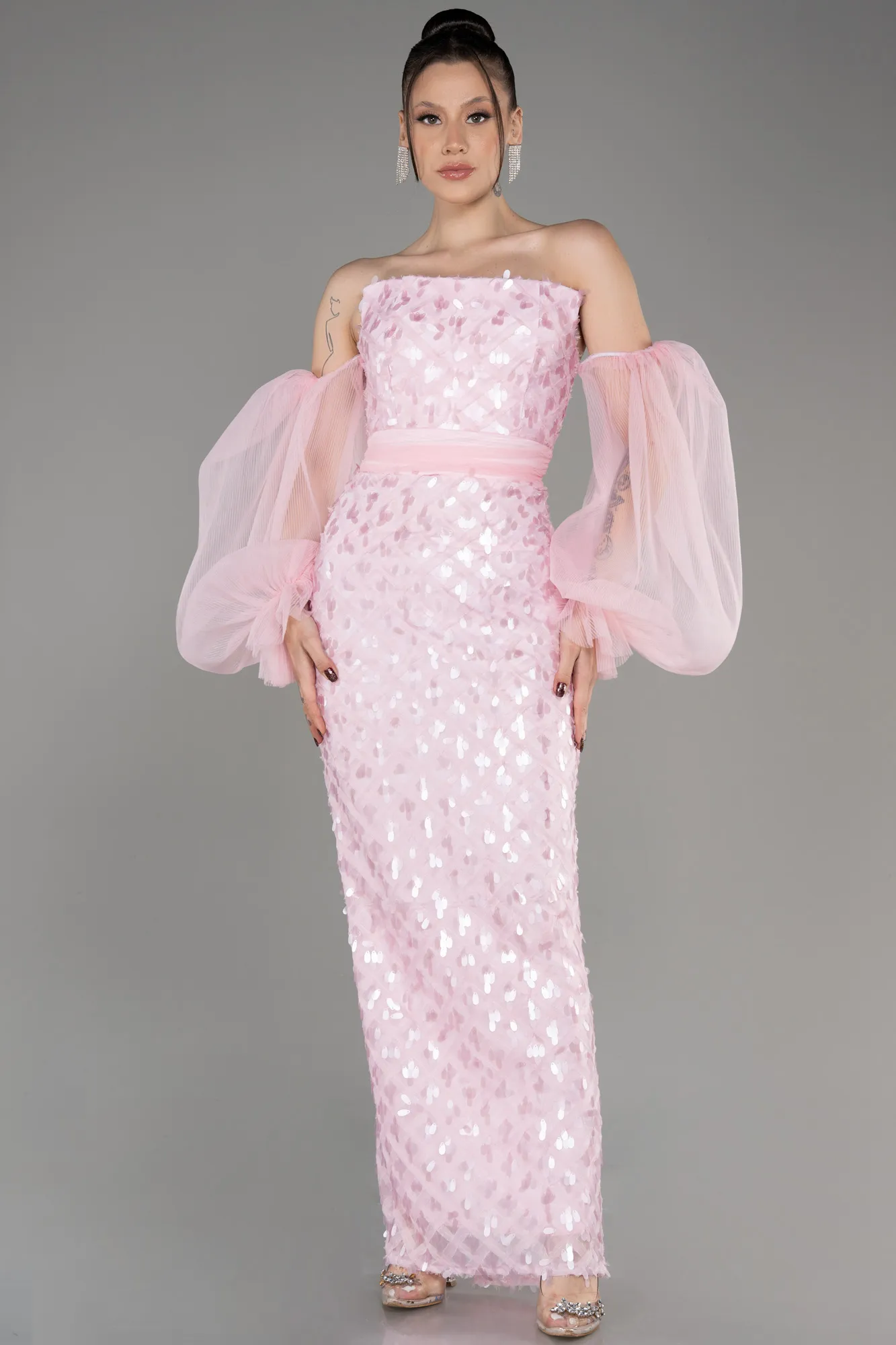 Powder Color-Strapless Midi Scaly Evening Dress ABK2084