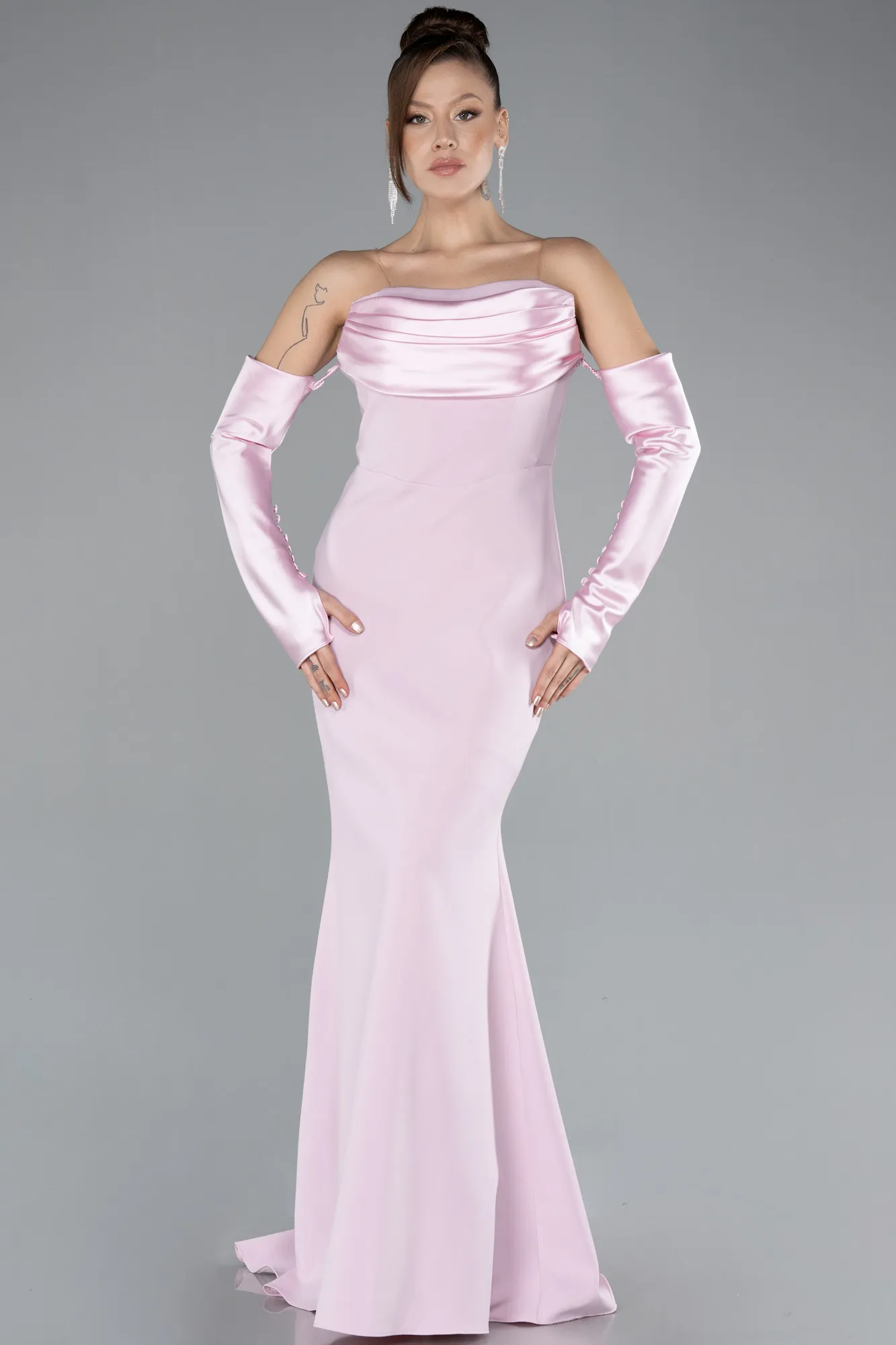 Powder Color-Strapless Sleeve Accessories Long Mermaid Prom Dress ABU4398