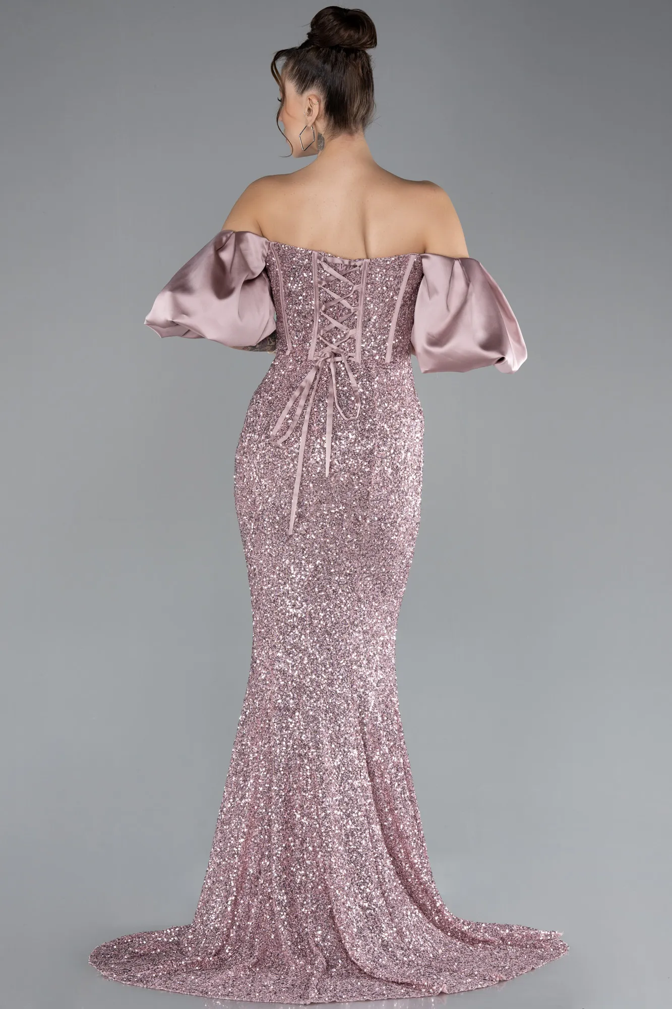 Powder Color-Strapless Sleeve Accessories Long Scaly Evening Gown ABU4308