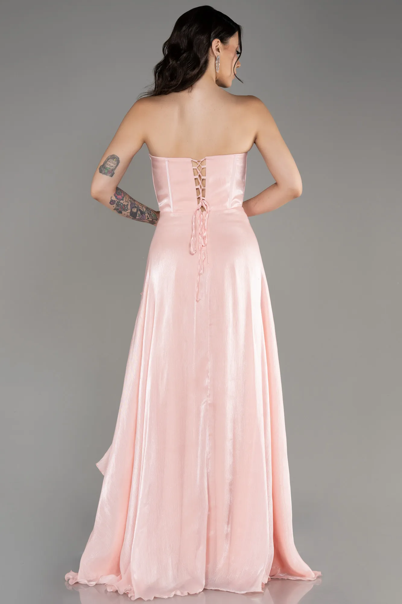 Powder Color-Strapless Slit Long Chiffon Prom Dress ABU4012