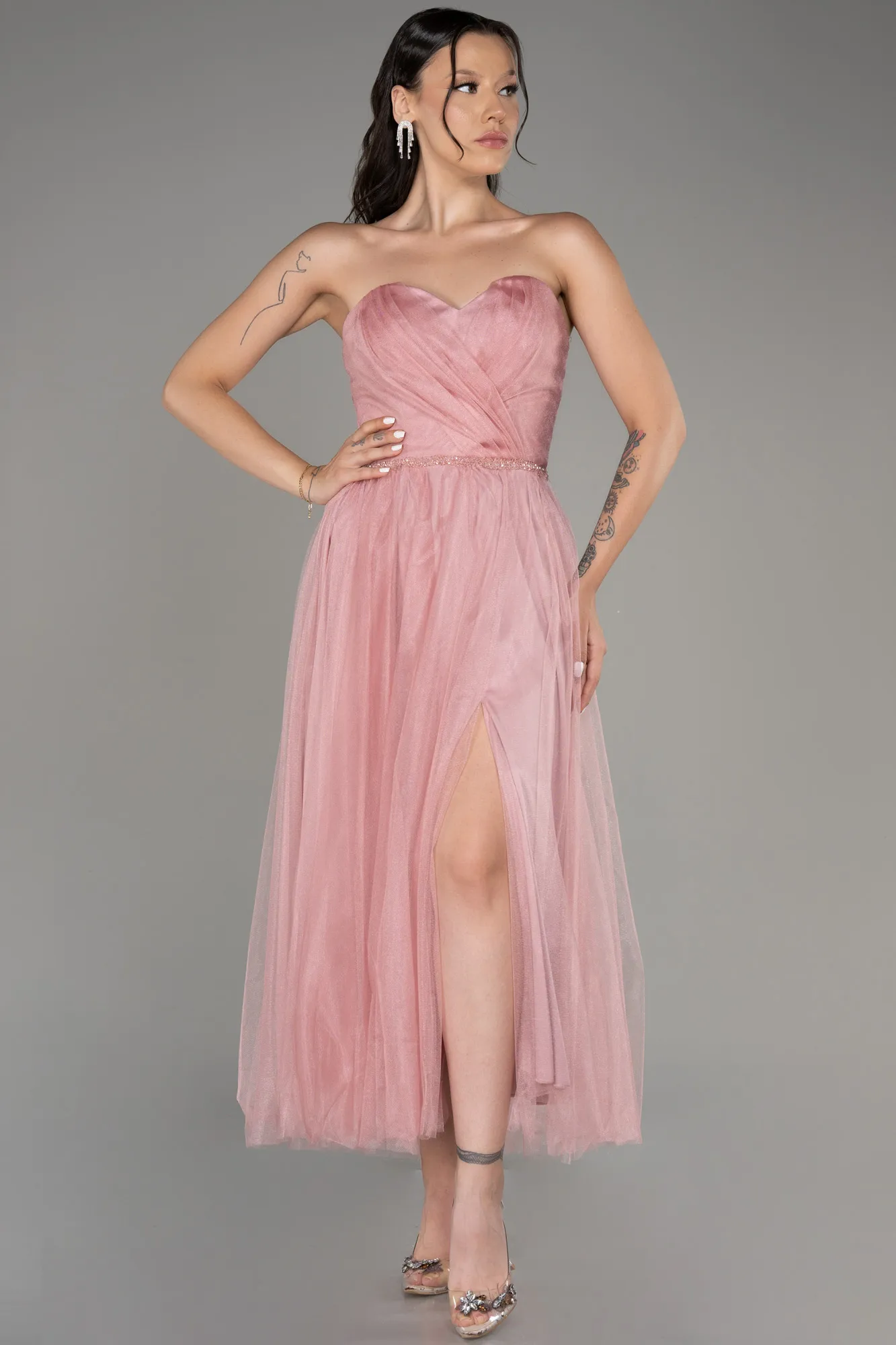 Powder Color-Strapless Slit Midi Cocktail Dress ABK2099