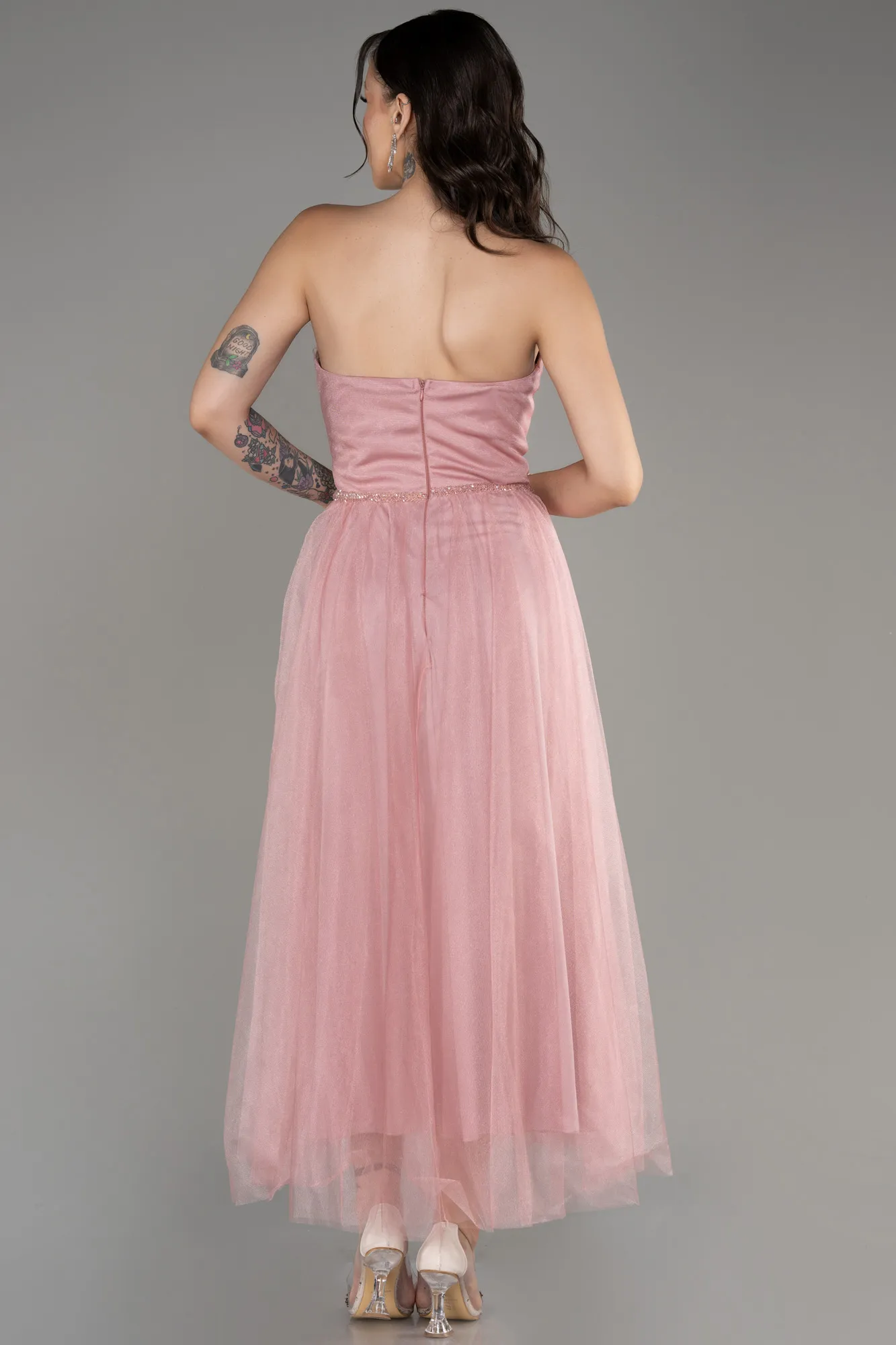 Powder Color-Strapless Slit Midi Cocktail Dress ABK2099