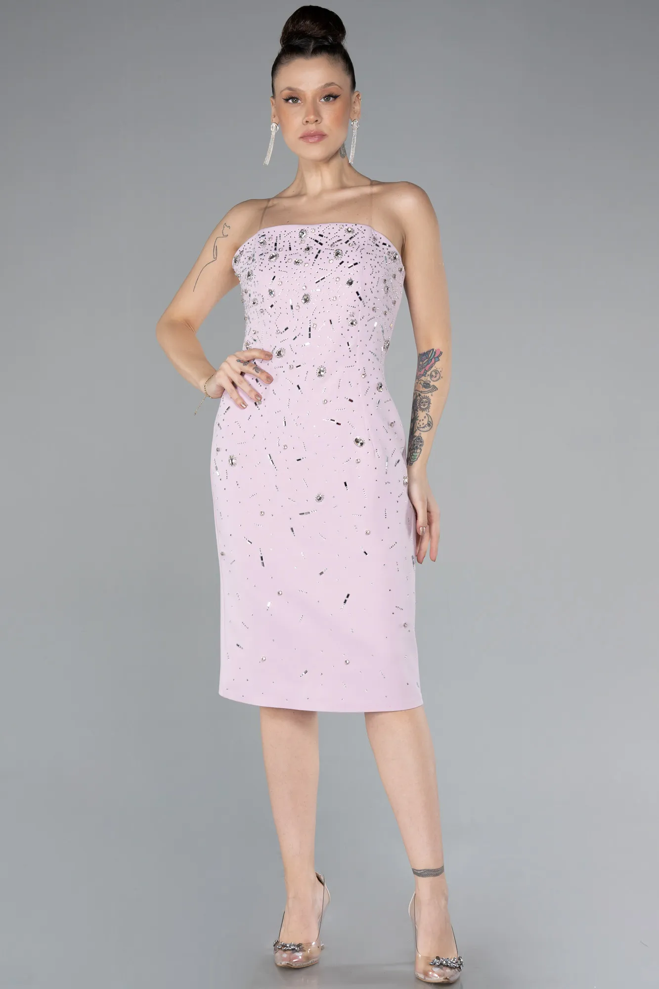 Powder Color-Strapless Stone Midi Cocktail Dress ABK2211