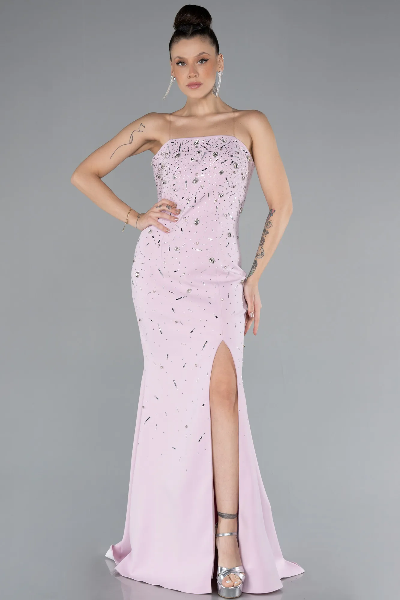 Powder Color-Strapless Stoned Slit Long Evening Gown ABU4535