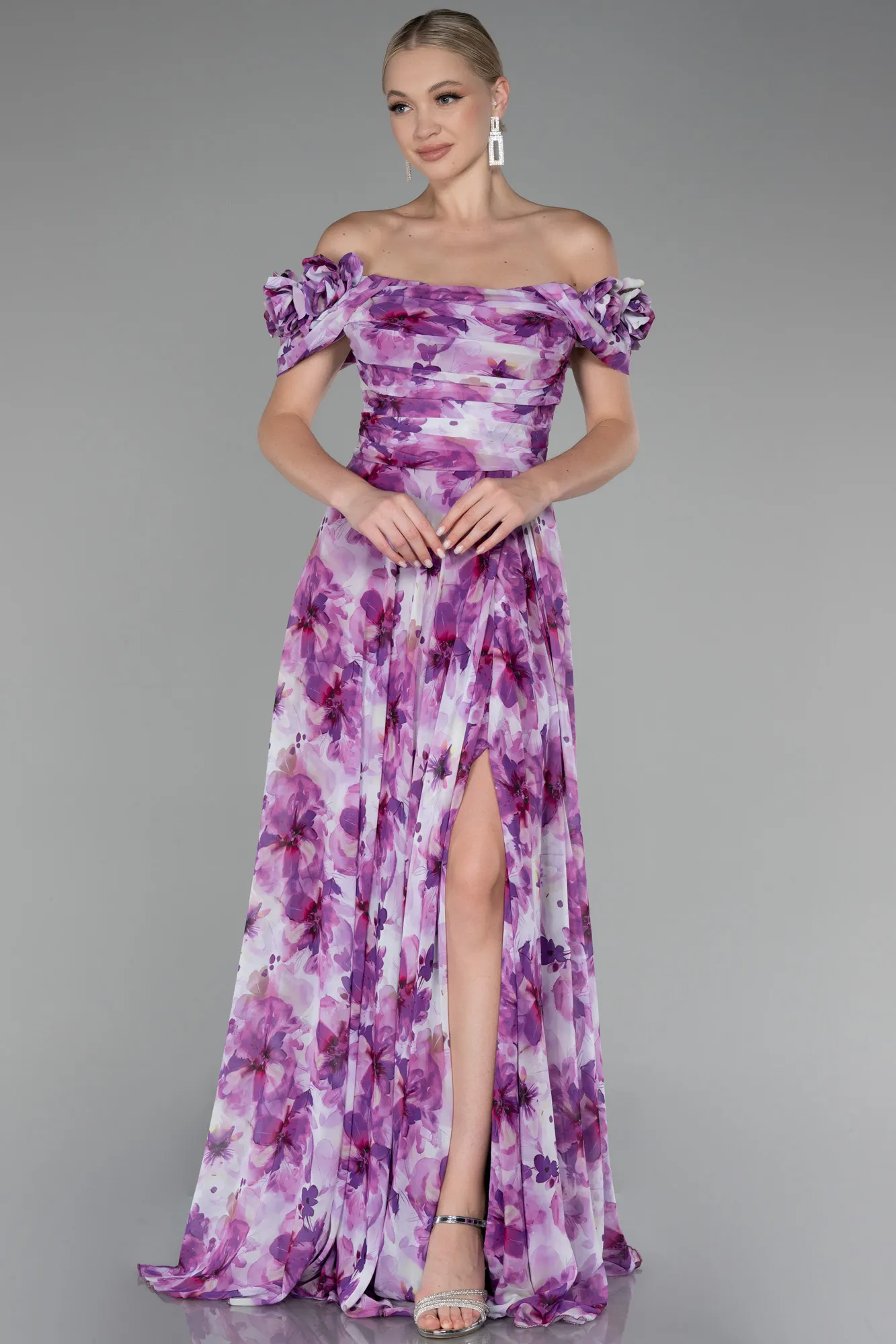 Purple-Boat Neck Floral Slit Long Prom Dress ABU4113