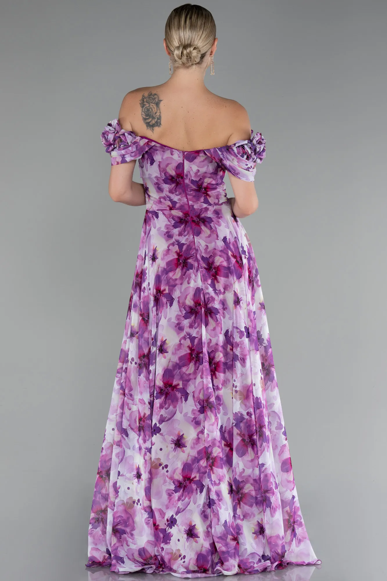 Purple-Boat Neck Floral Slit Long Prom Dress ABU4113