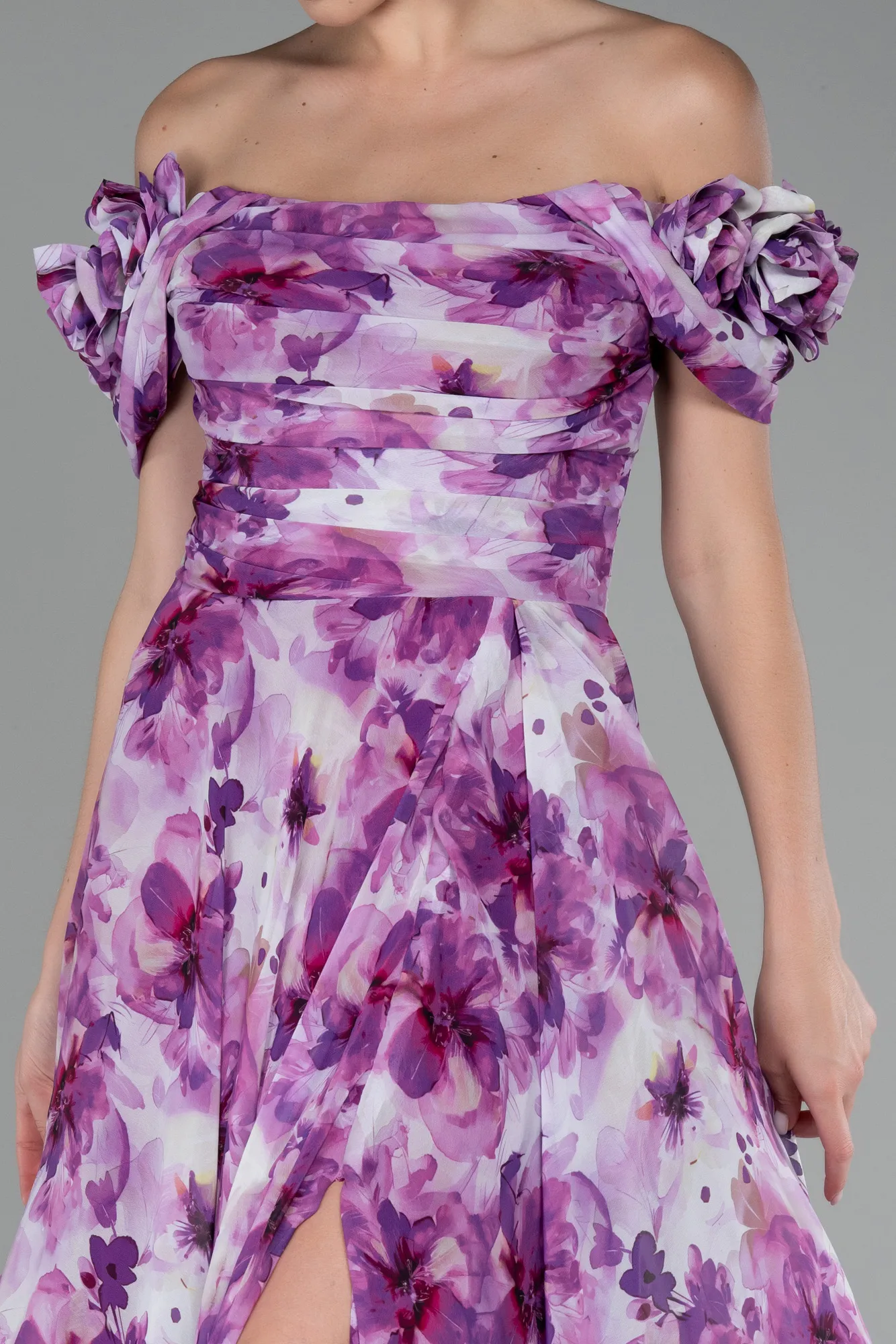 Purple-Boat Neck Floral Slit Long Prom Dress ABU4113