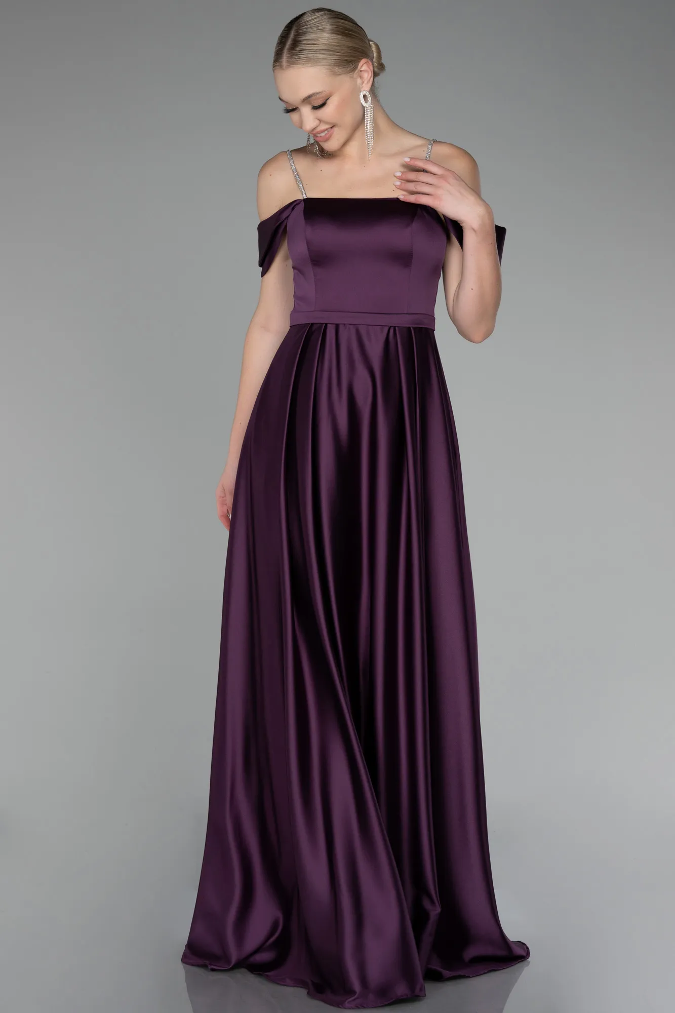 Purple-Boat Neck Long Satin Prom Dress ABU4122