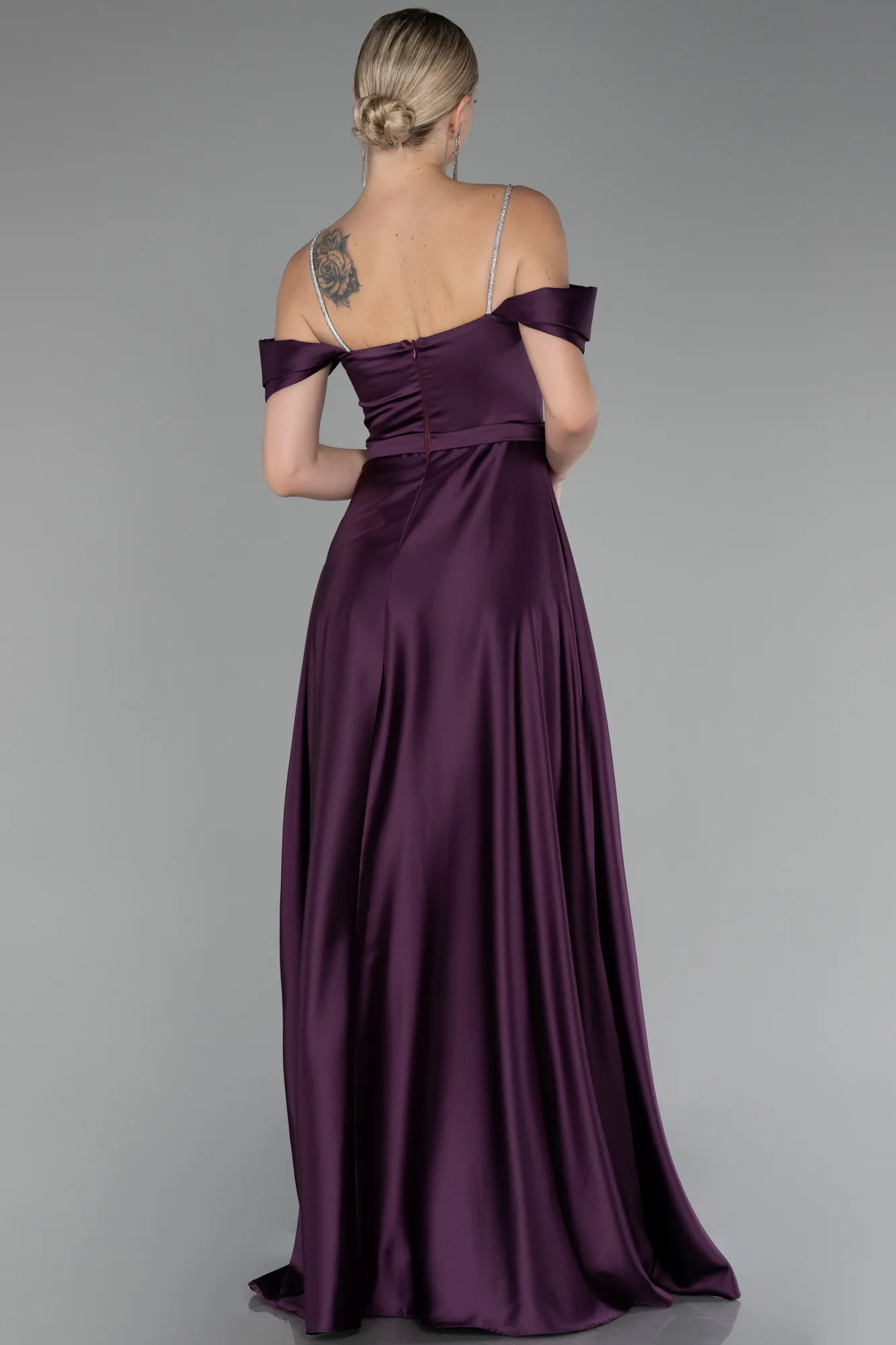 Purple-Boat Neck Long Satin Prom Dress ABU4122