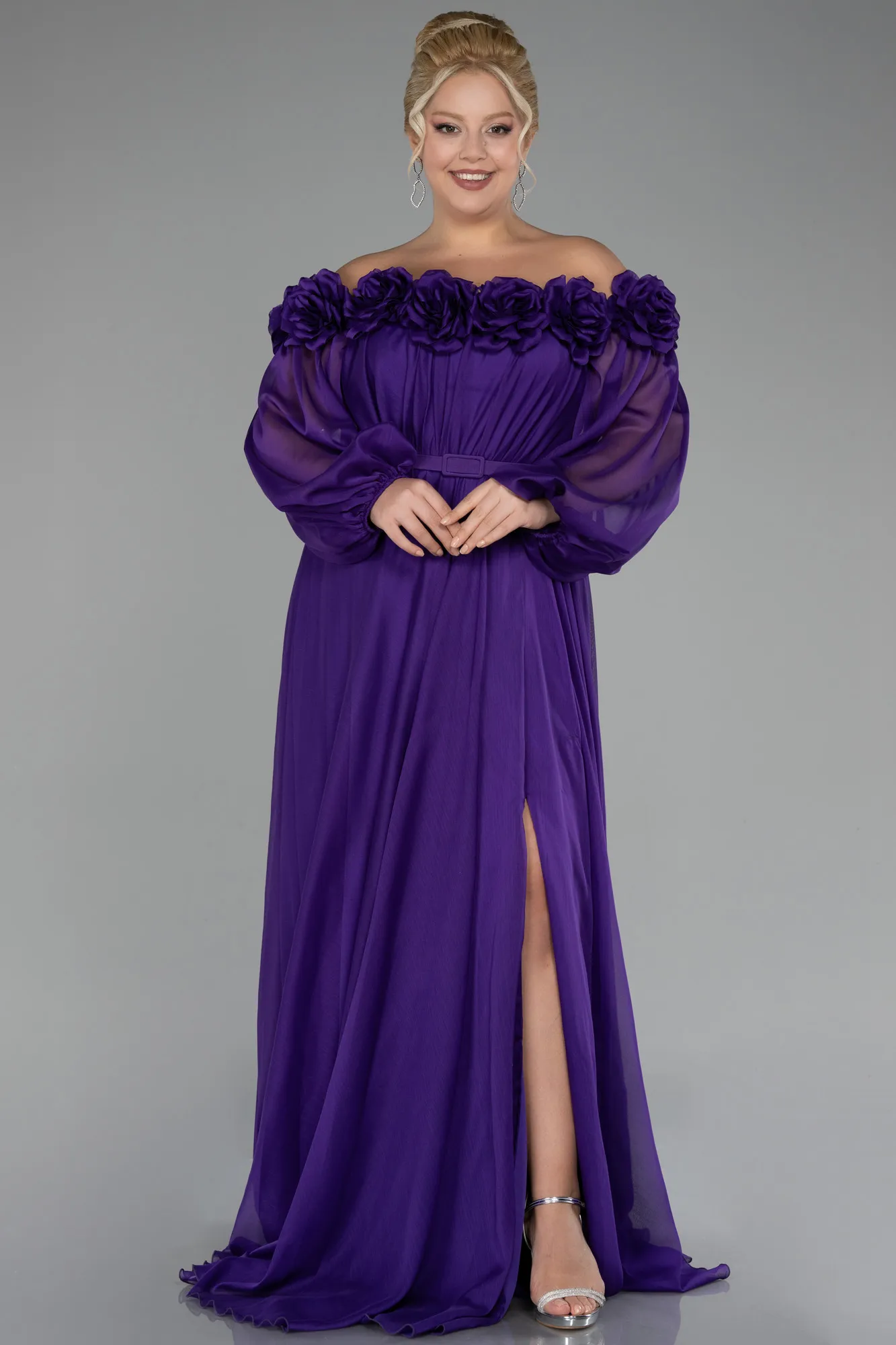 Purple-Boat Neck Long Sleeve Plus Size Chiffon Prom Gown ABU4131