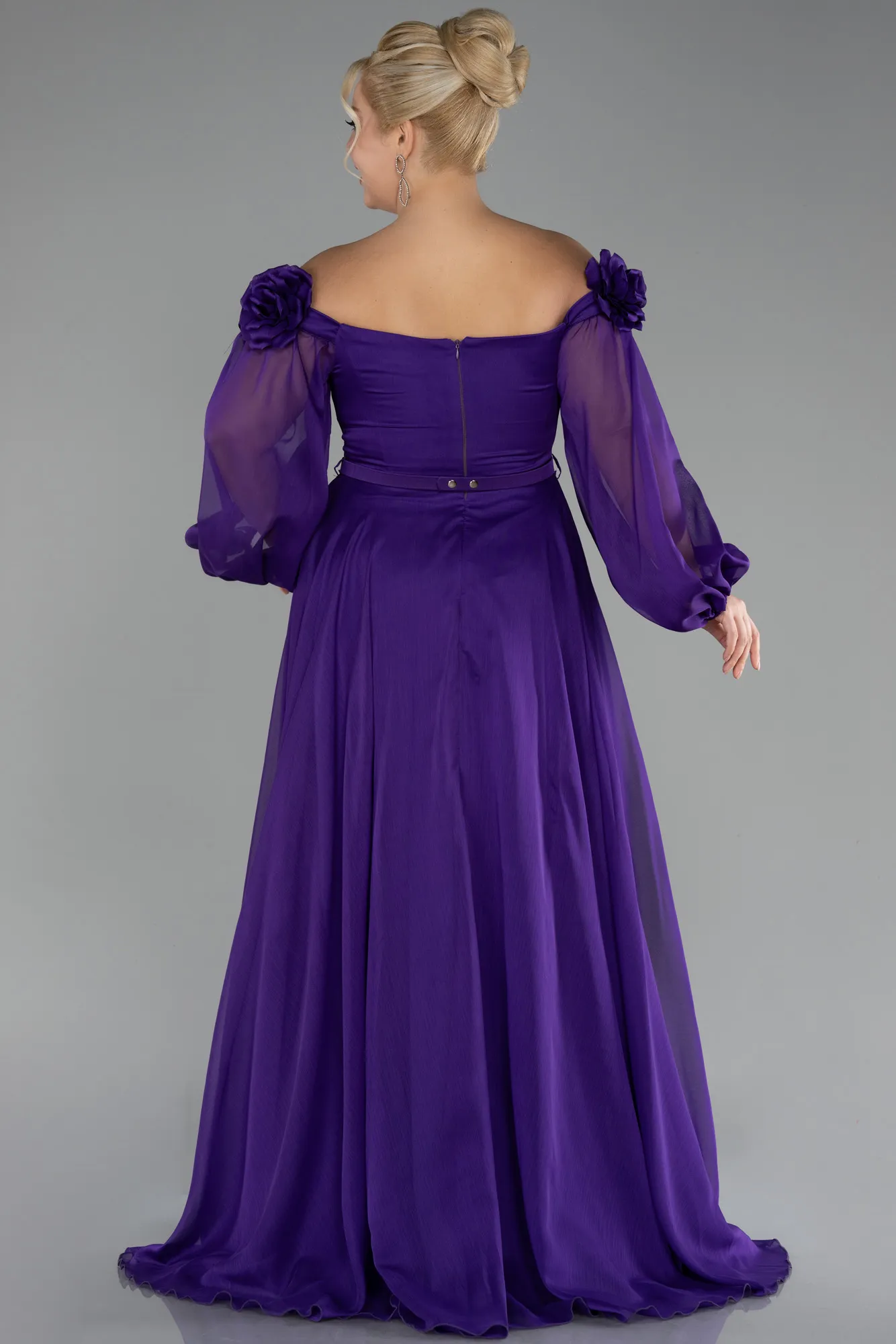 Purple-Boat Neck Long Sleeve Plus Size Chiffon Prom Gown ABU4131