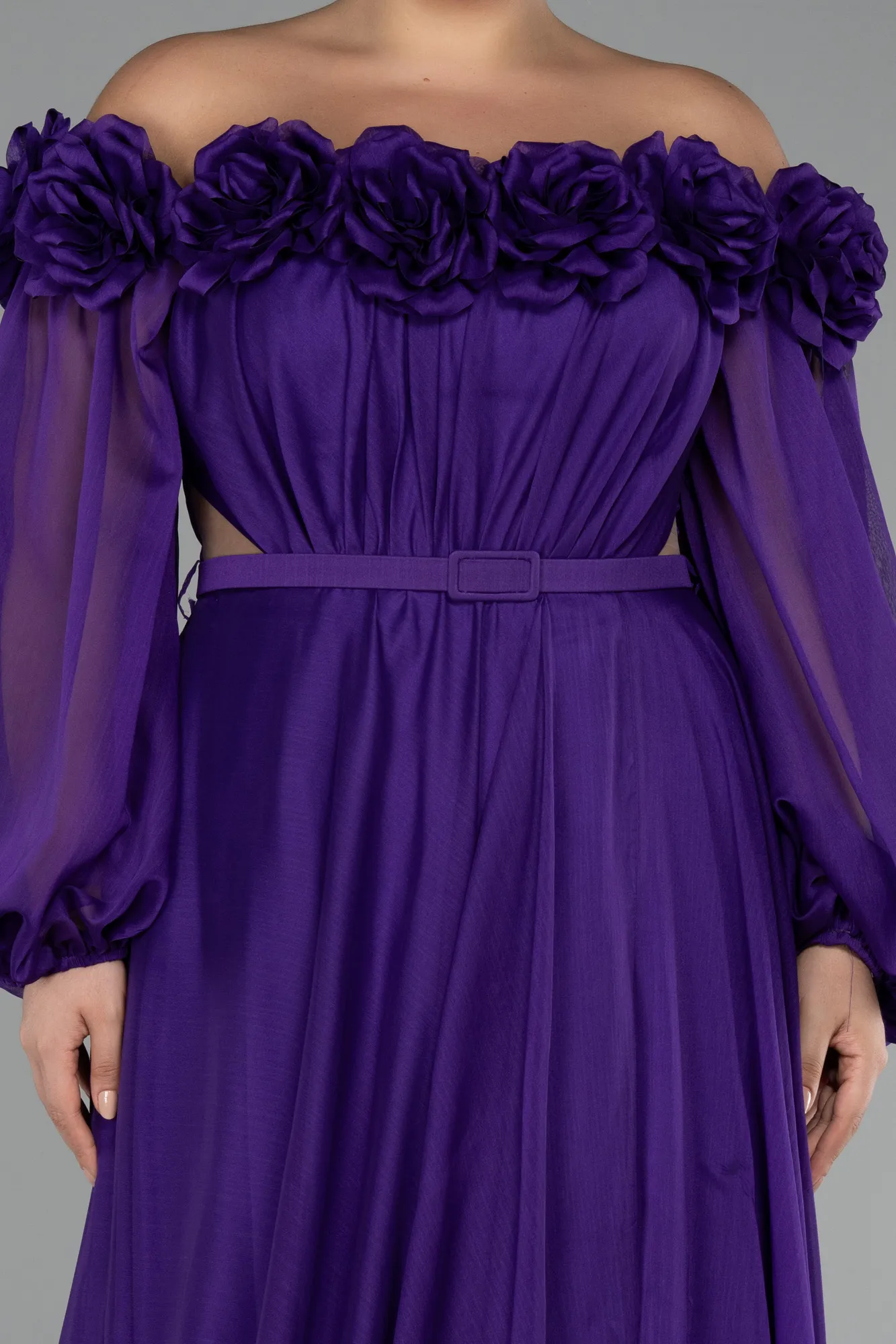 Purple-Boat Neck Long Sleeve Plus Size Chiffon Prom Gown ABU4131