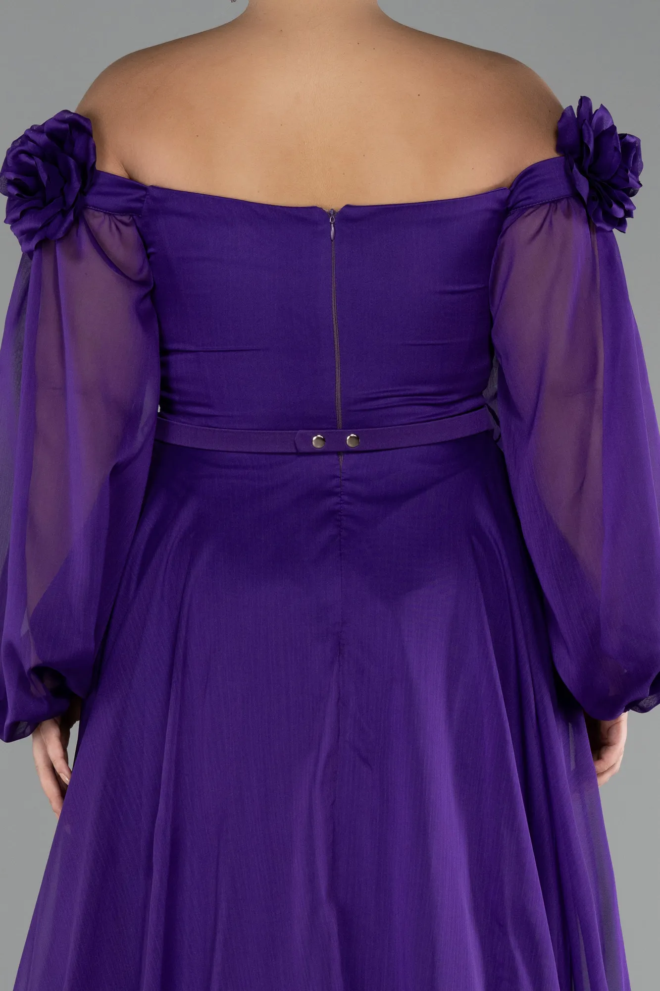 Purple-Boat Neck Long Sleeve Plus Size Chiffon Prom Gown ABU4131