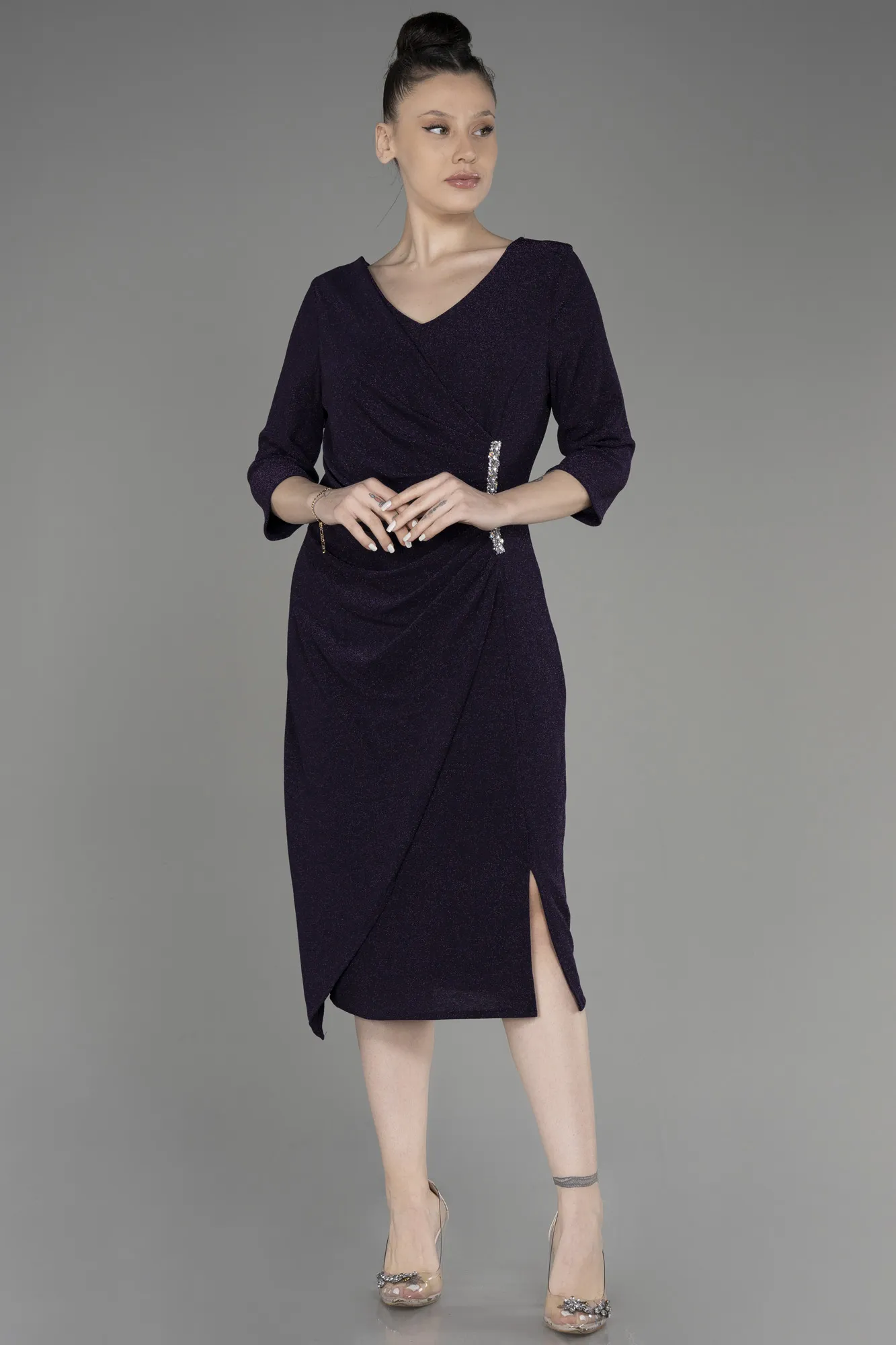 Purple-Capri Sleeve Midi Plus Size Evening Dress ABK1950