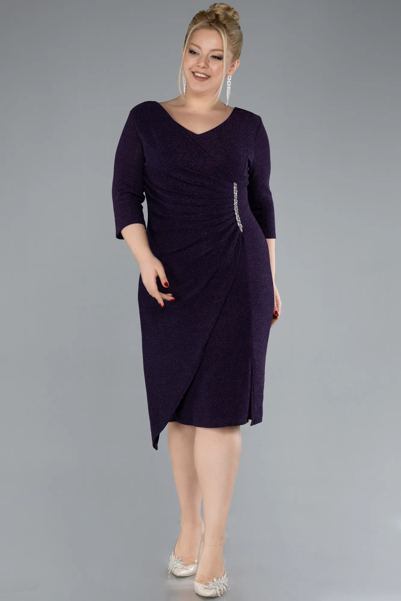 Purple-Capri Sleeve Midi Plus Size Evening Dress ABK1950