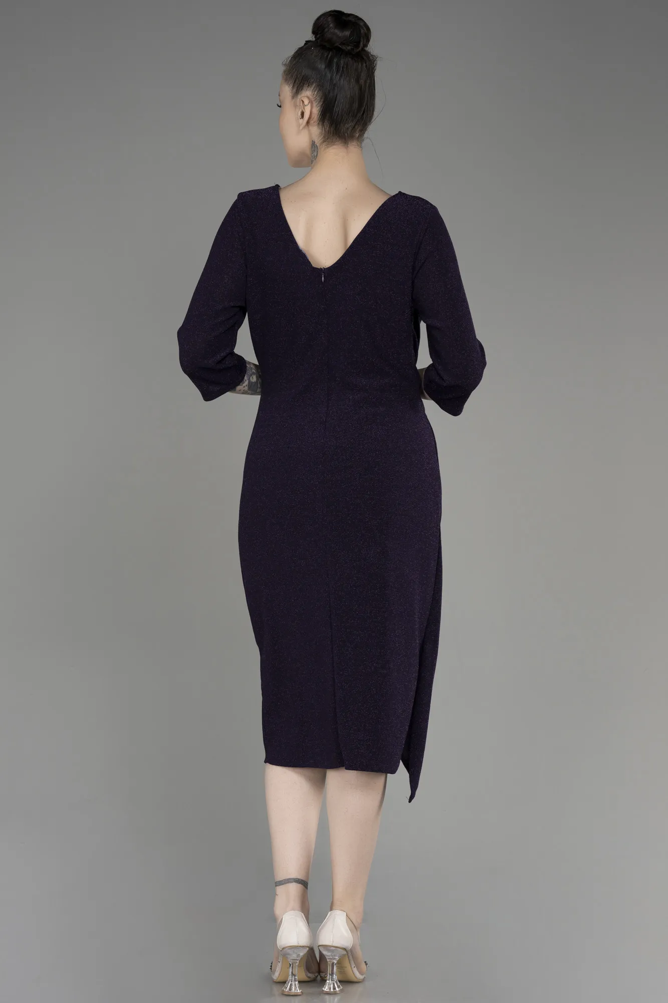 Purple-Capri Sleeve Midi Plus Size Evening Dress ABK1950