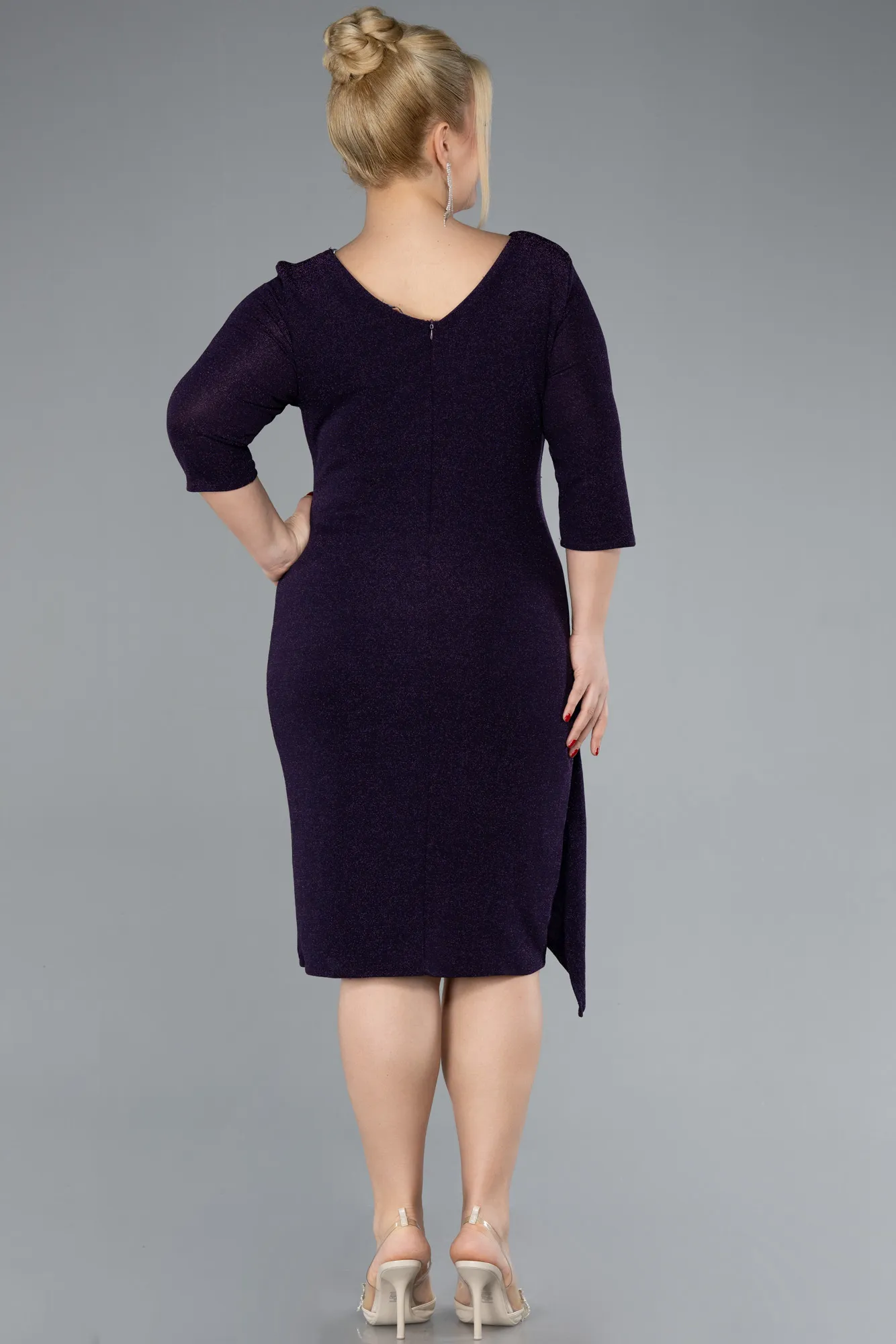 Purple-Capri Sleeve Midi Plus Size Evening Dress ABK1950