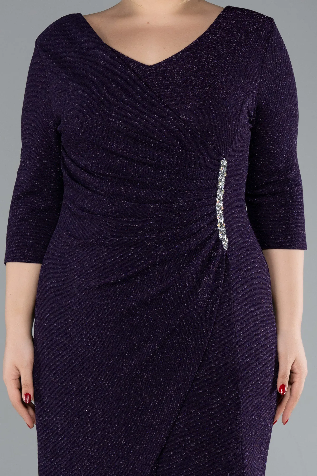 Purple-Capri Sleeve Midi Plus Size Evening Dress ABK1950